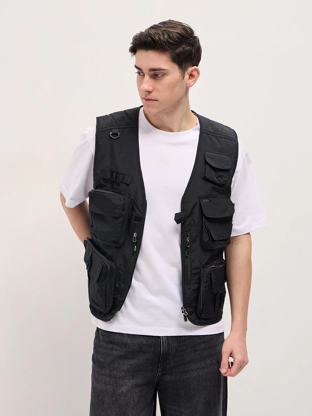Men Black Outdoor Utility Multi-Pocket Vest Jacket