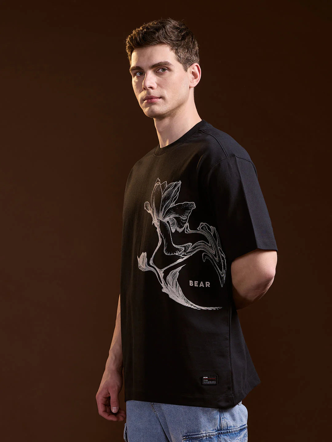 Men Black Oversize Floral Graphic Print Crew Neck T-shirt - Image 3