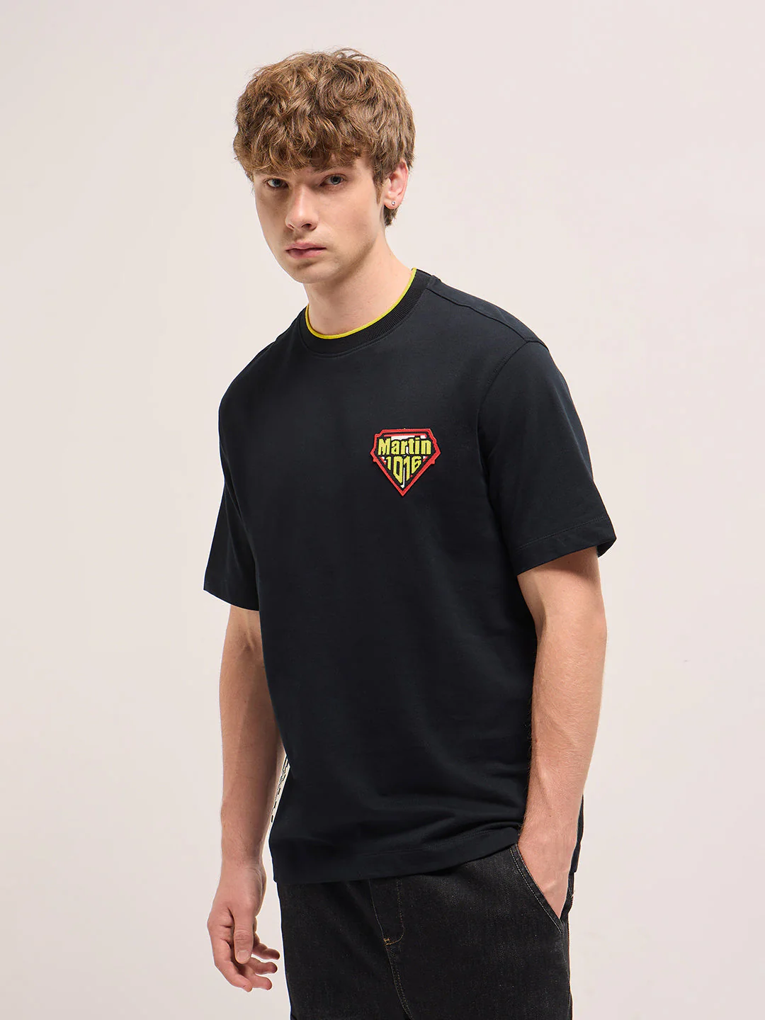 Men Black Oversize Graphic Design Crew Neck T-shirt - Image 3