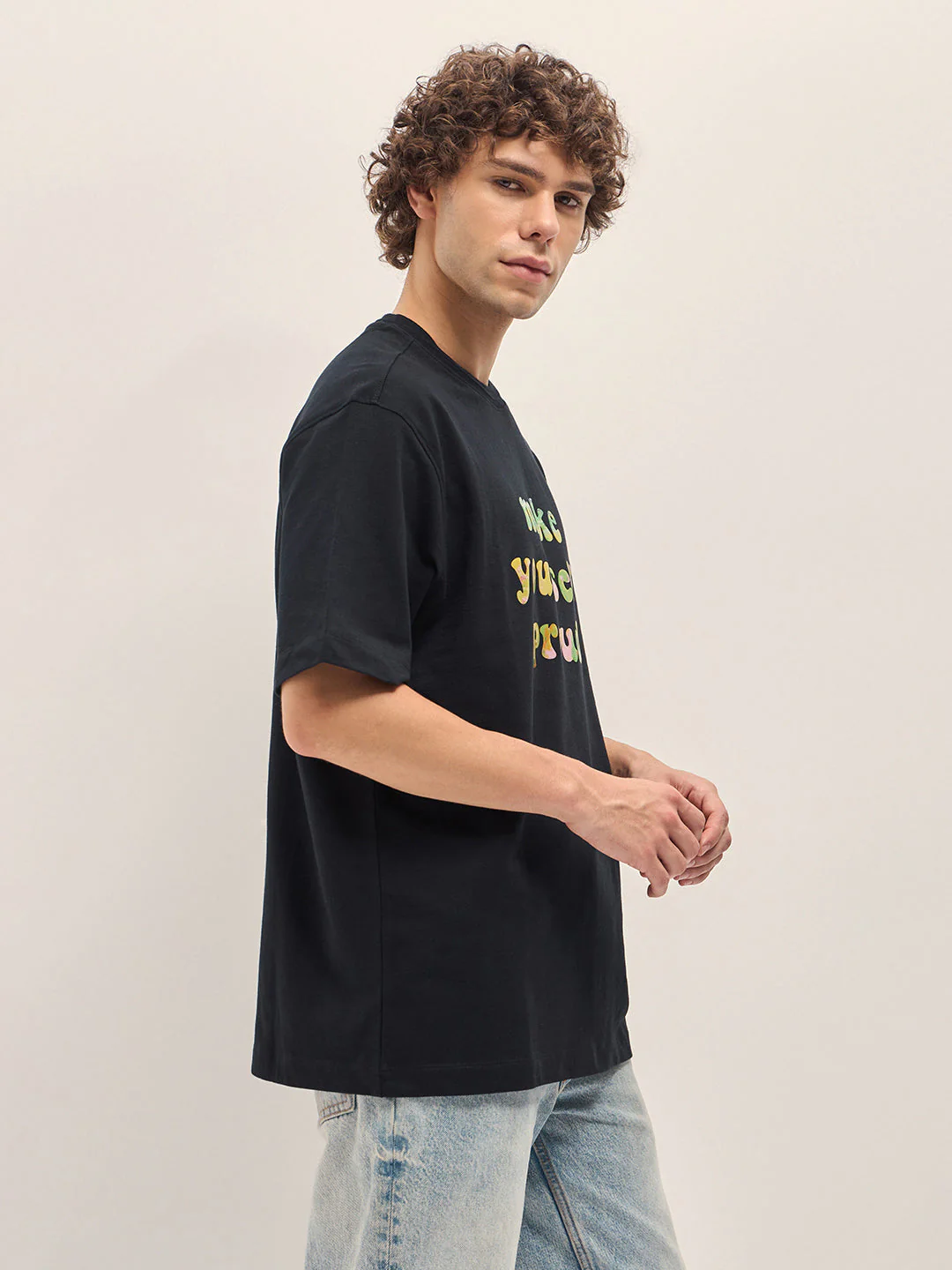 Men Black Oversize Graphic Design Crew Neck T-shirt - Image 3