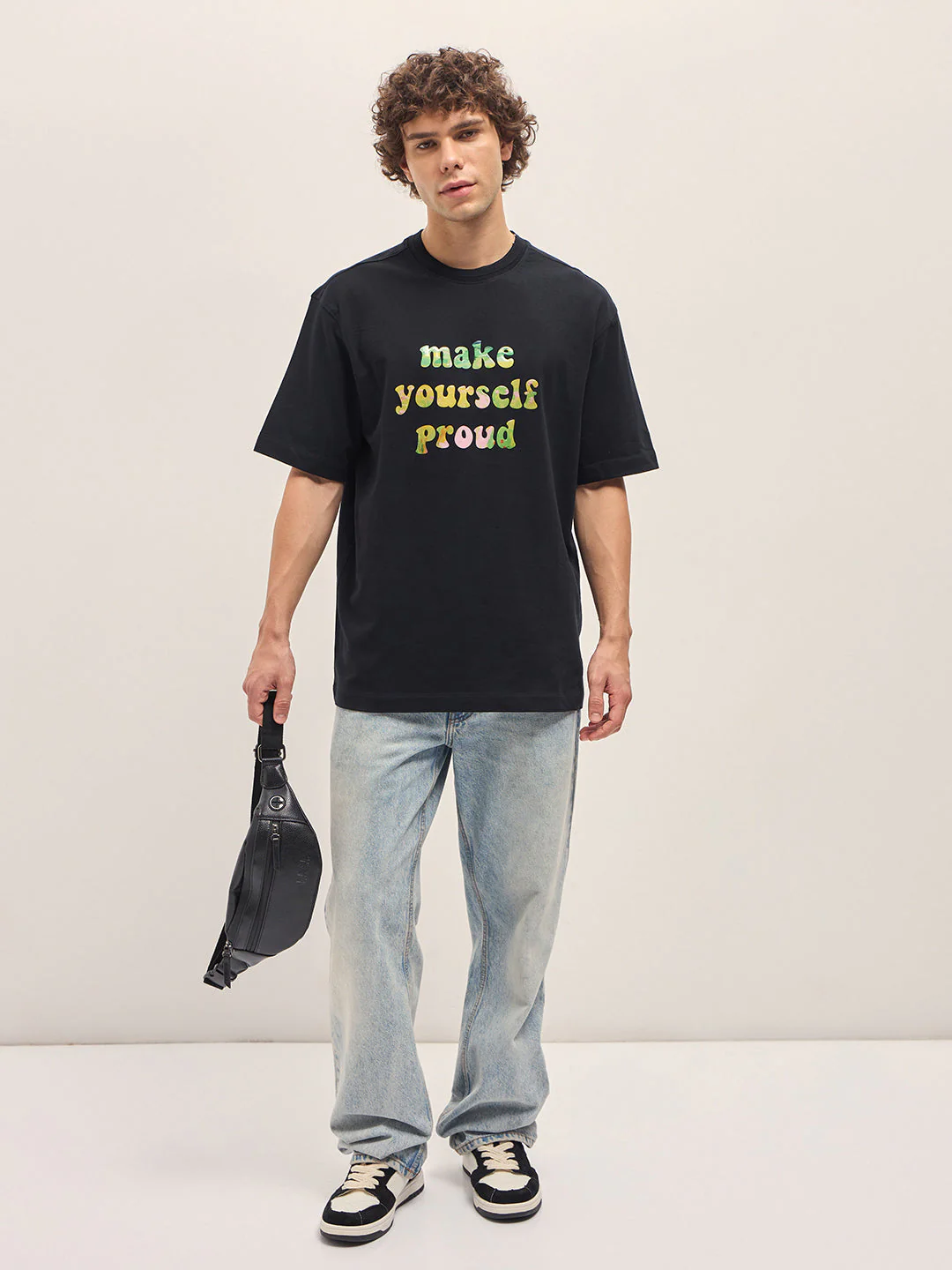 Men Black Oversize Graphic Design Crew Neck T-shirt - Image 4