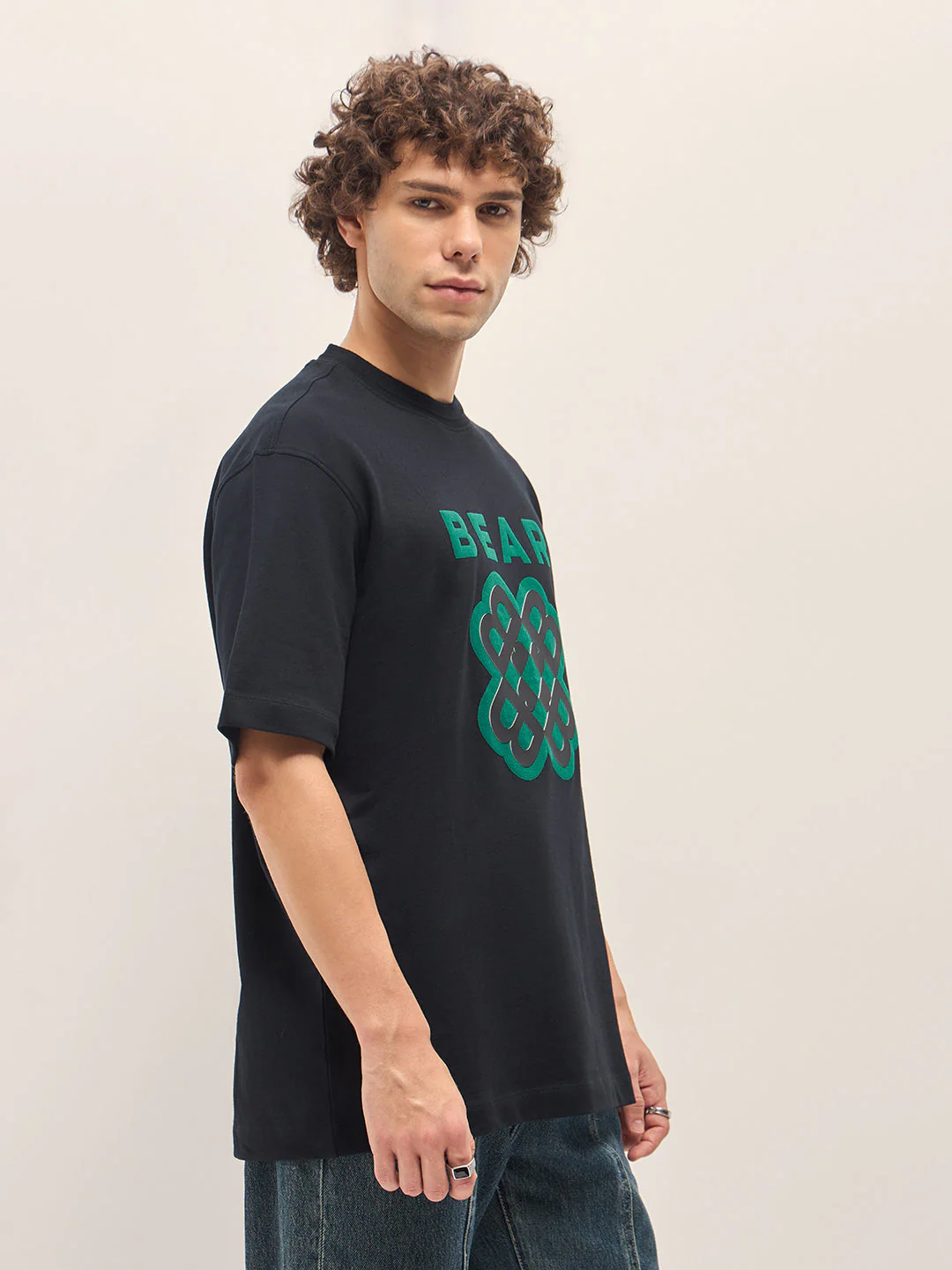 Men Black Oversize Graphic Design Crew Neck T-shirt - Image 3