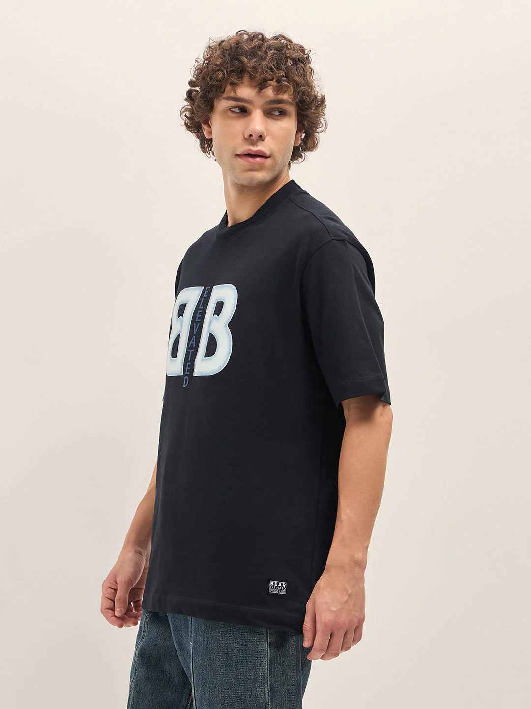 Men Black Oversize Graphic Design Crew Neck T-shirt - Image 3