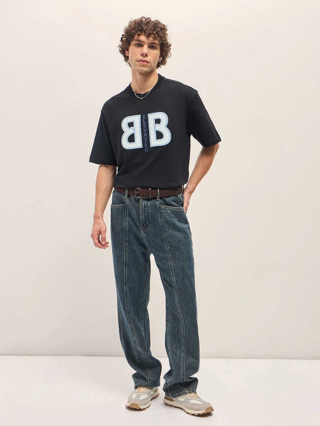 Men Black Oversize Graphic Design Crew Neck T-shirt - Image 6