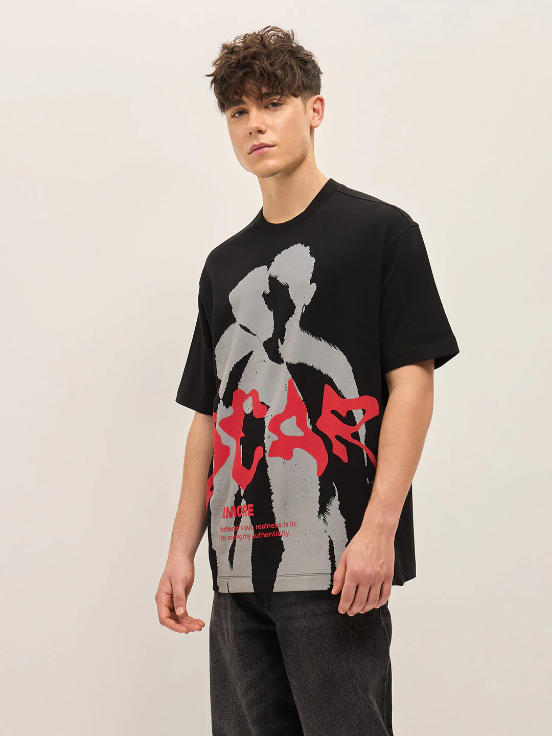 Men Black Oversize Graphic Printed Crew Neck T-shirt - Image 3