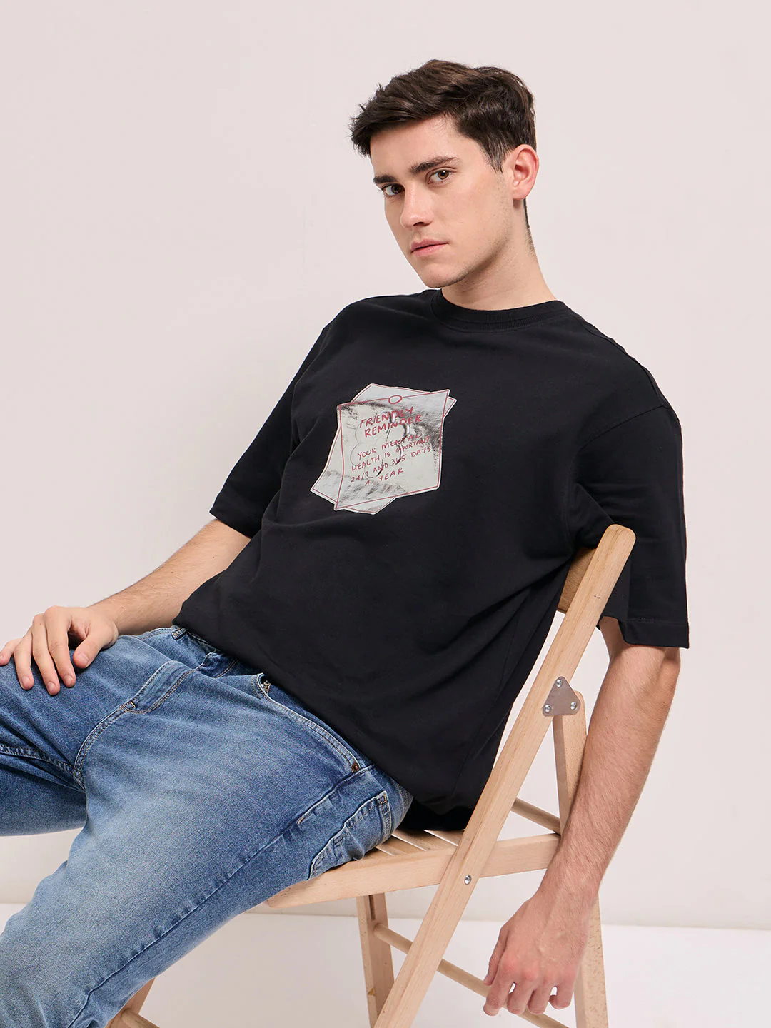 Men Black Oversize Graphic Printed Crew Neck T-shirt