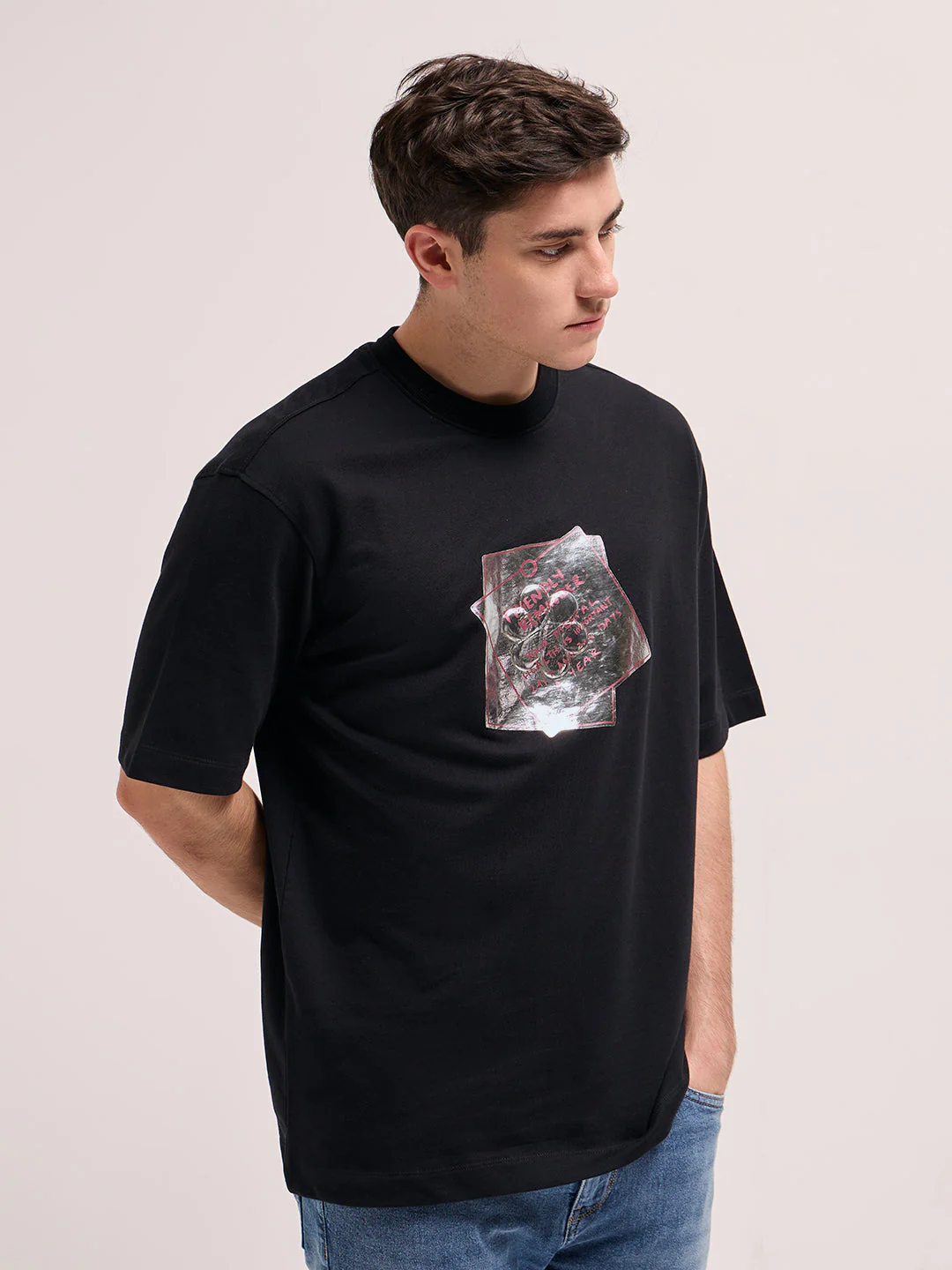Men Black Oversize Graphic Printed Crew Neck T-shirt - Image 3