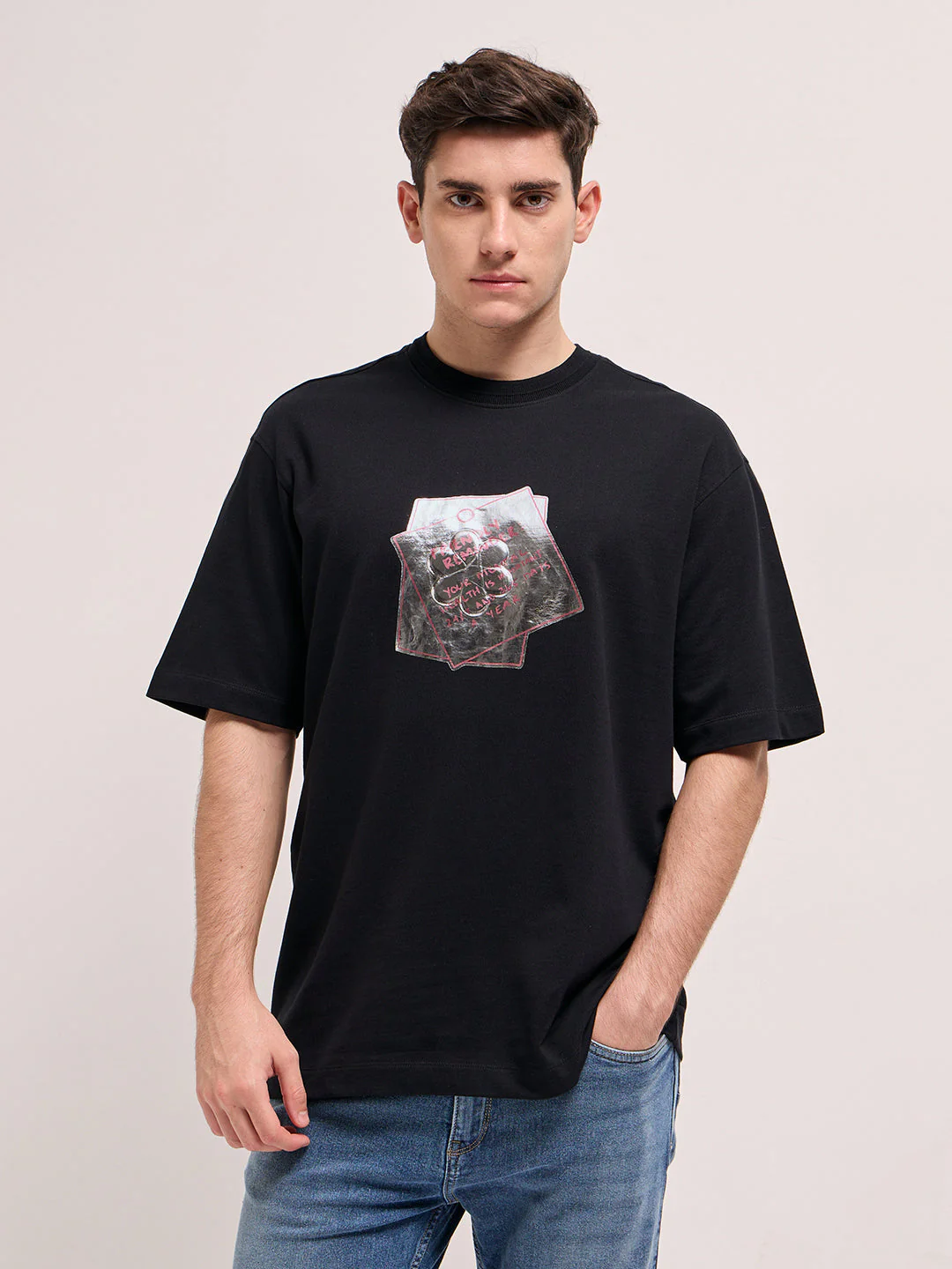 Men Black Oversize Graphic Printed Crew Neck T-shirt - Image 6