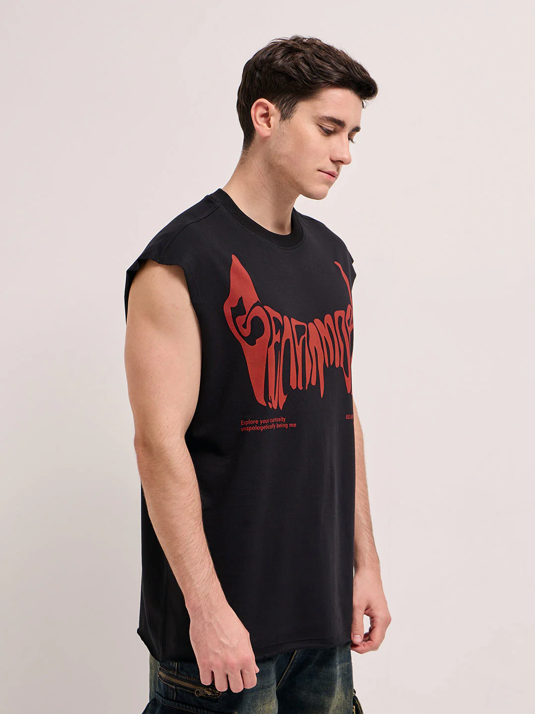 Men Black Oversize Graphic Printed Sleeveless T-shirt - Image 3