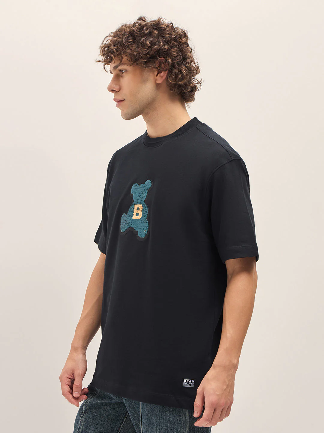 Men Black Oversize playful sequin teddy Crew Neck T-shirt - Image 3