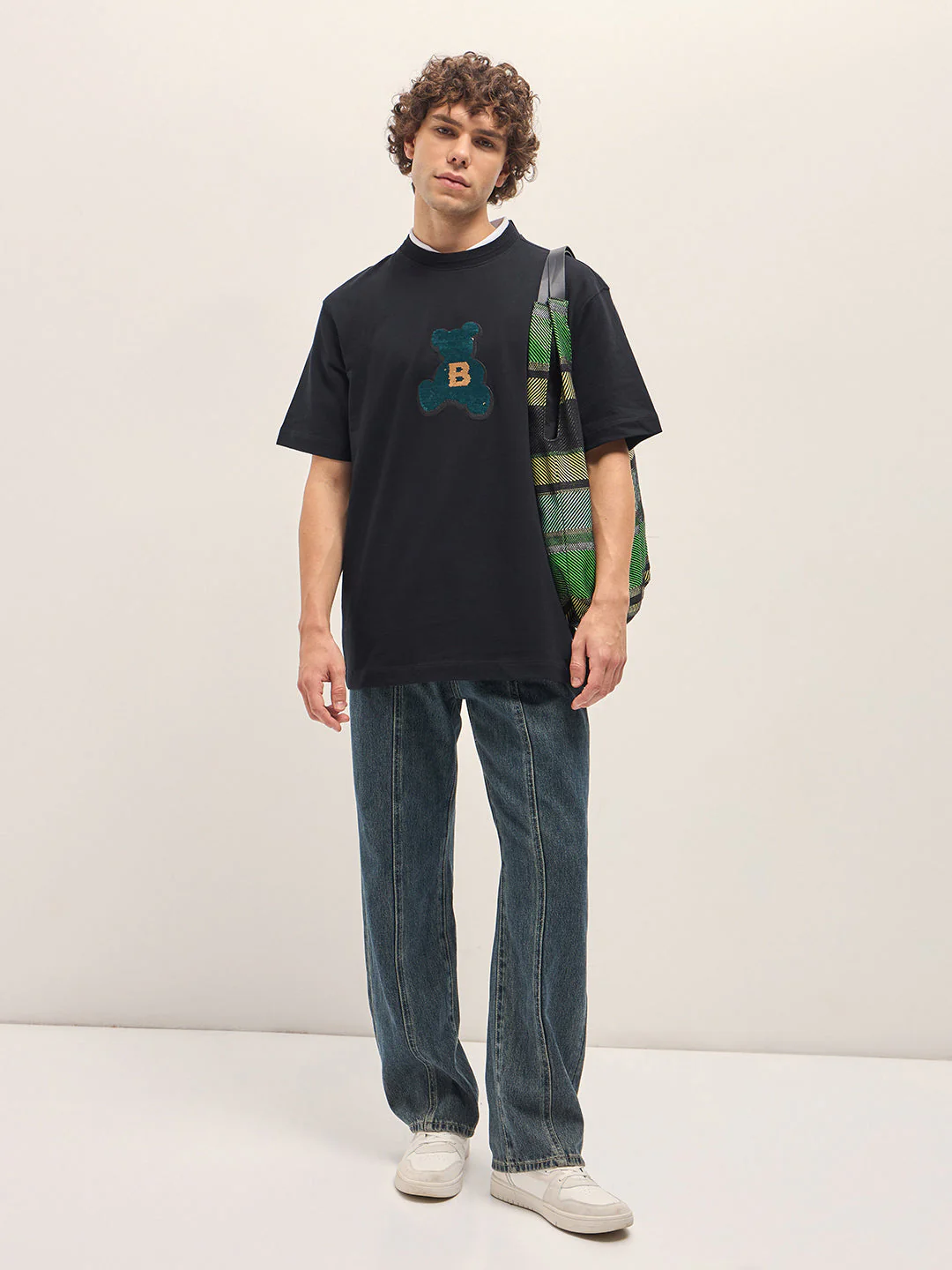 Men Black Oversize playful sequin teddy Crew Neck T-shirt - Image 4