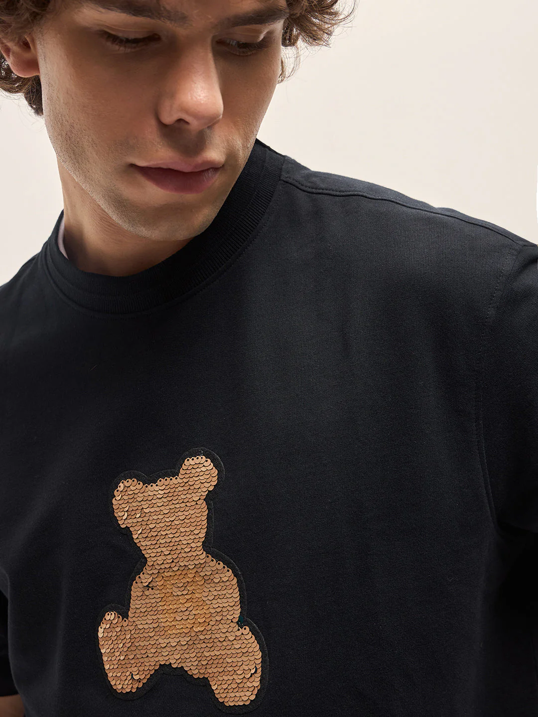Men Black Oversize playful sequin teddy Crew Neck T-shirt - Image 5