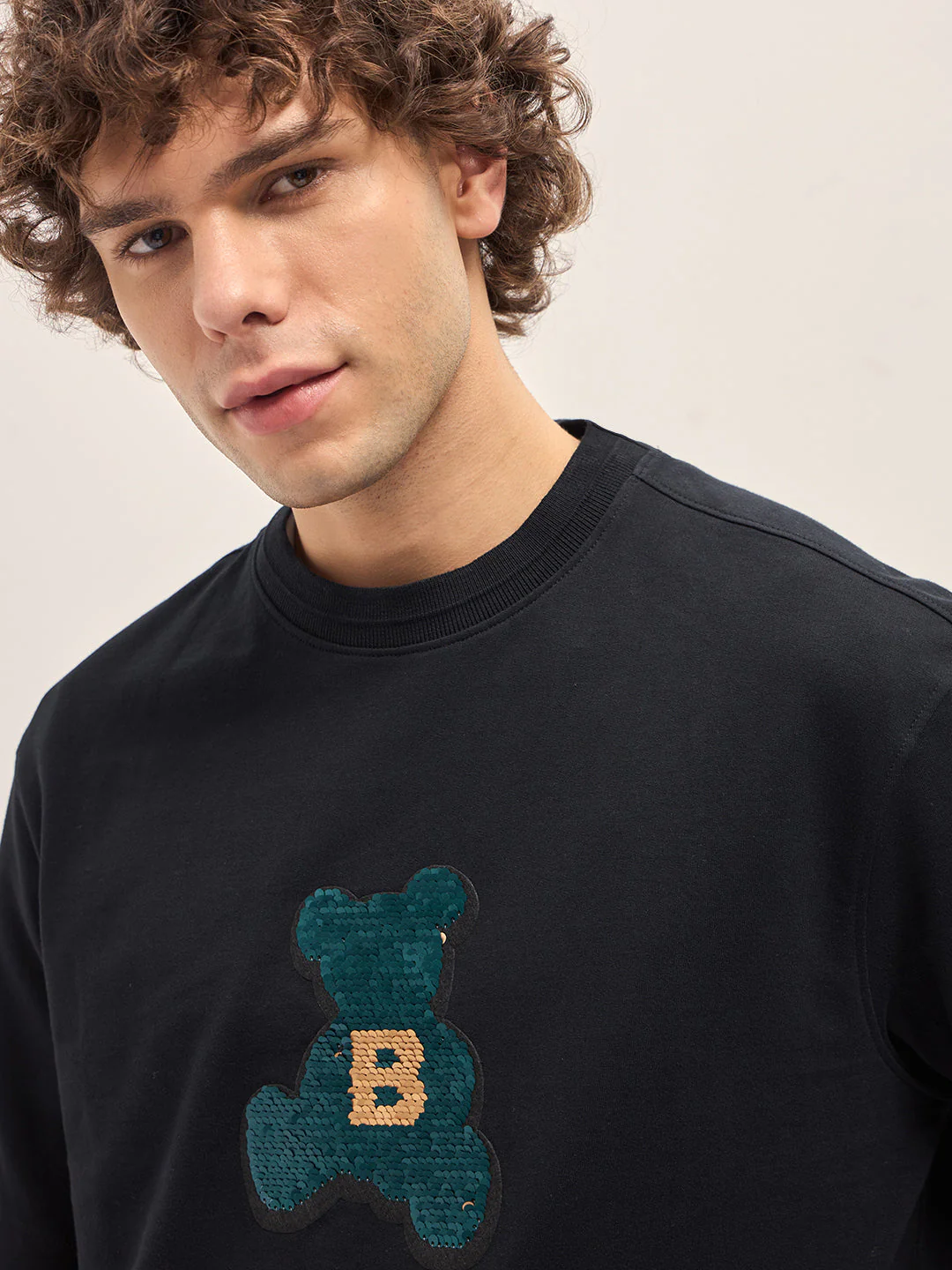 Men Black Oversize playful sequin teddy Crew Neck T-shirt - Image 6
