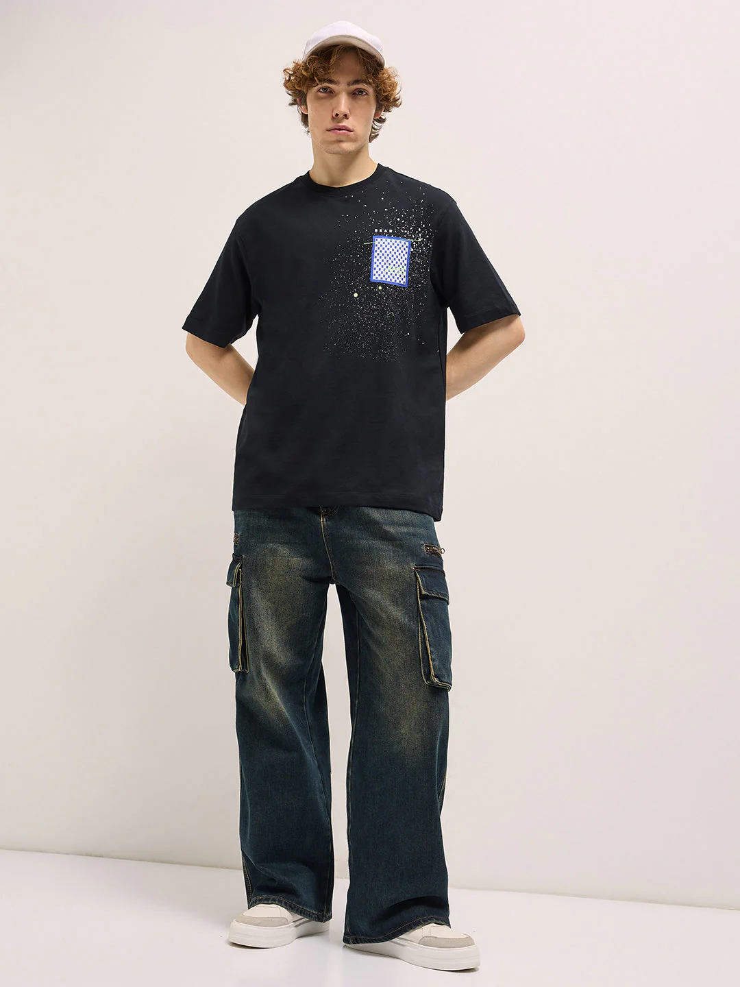 Men Black Oversize splatter paint effect Crew Neck T-shirt - Image 2