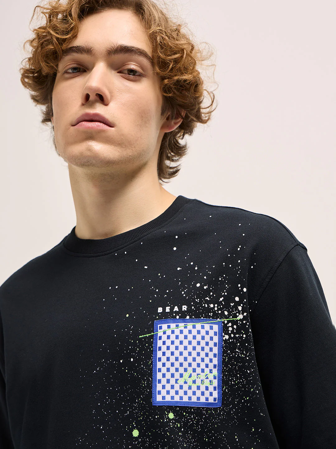 Men Black Oversize splatter paint effect Crew Neck T-shirt - Image 3