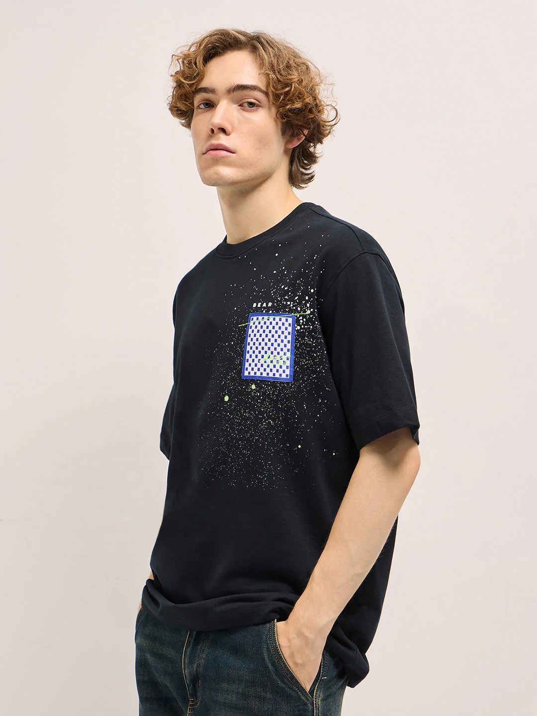 Men Black Oversize splatter paint effect Crew Neck T-shirt - Image 4