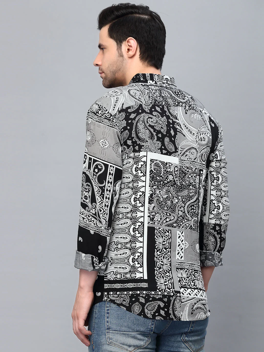 Men Black Paisley Printed Cut Away Collar Full Sleeve Shirt - Image 2