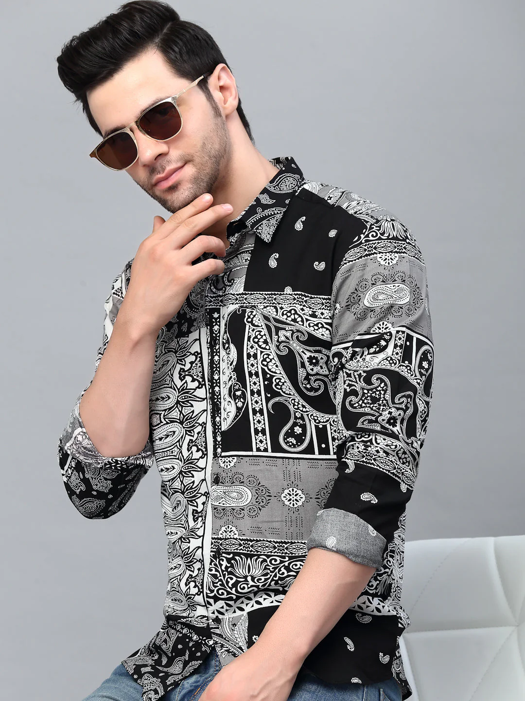 Men Black Paisley Printed Cut Away Collar Full Sleeve Shirt - Image 3
