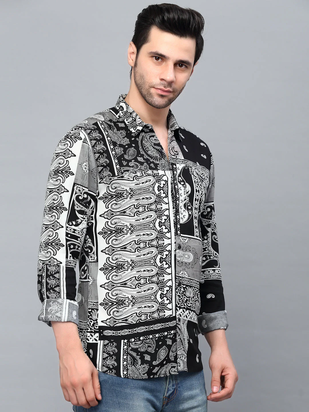 Men Black Paisley Printed Cut Away Collar Full Sleeve Shirt - Image 4