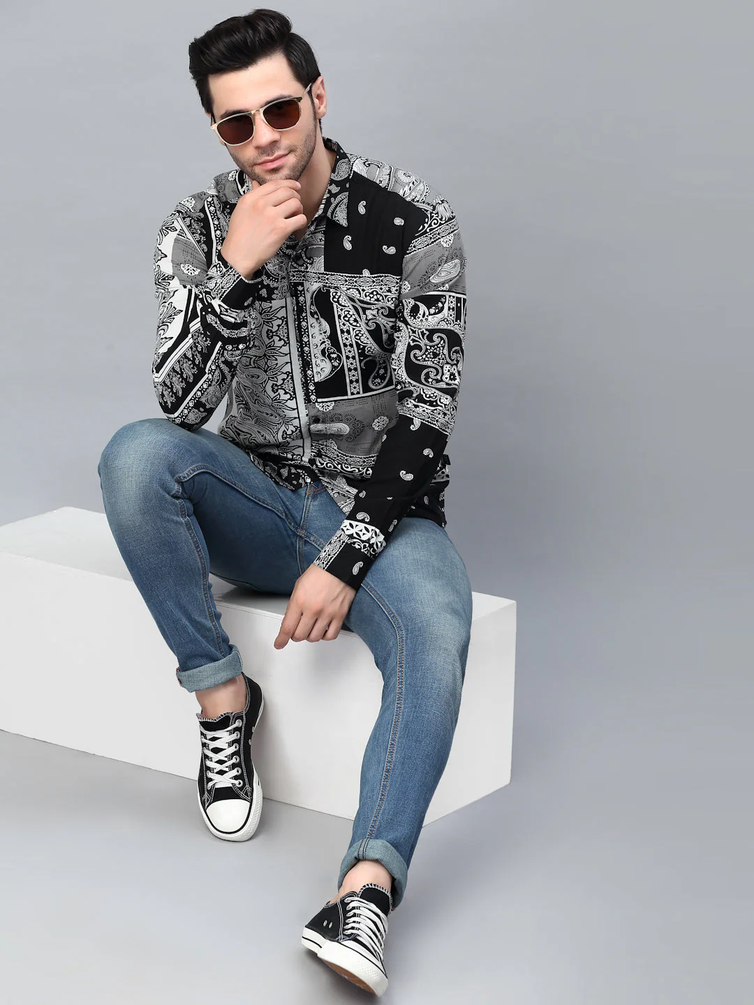 Men Black Paisley Printed Cut Away Collar Full Sleeve Shirt - Image 5