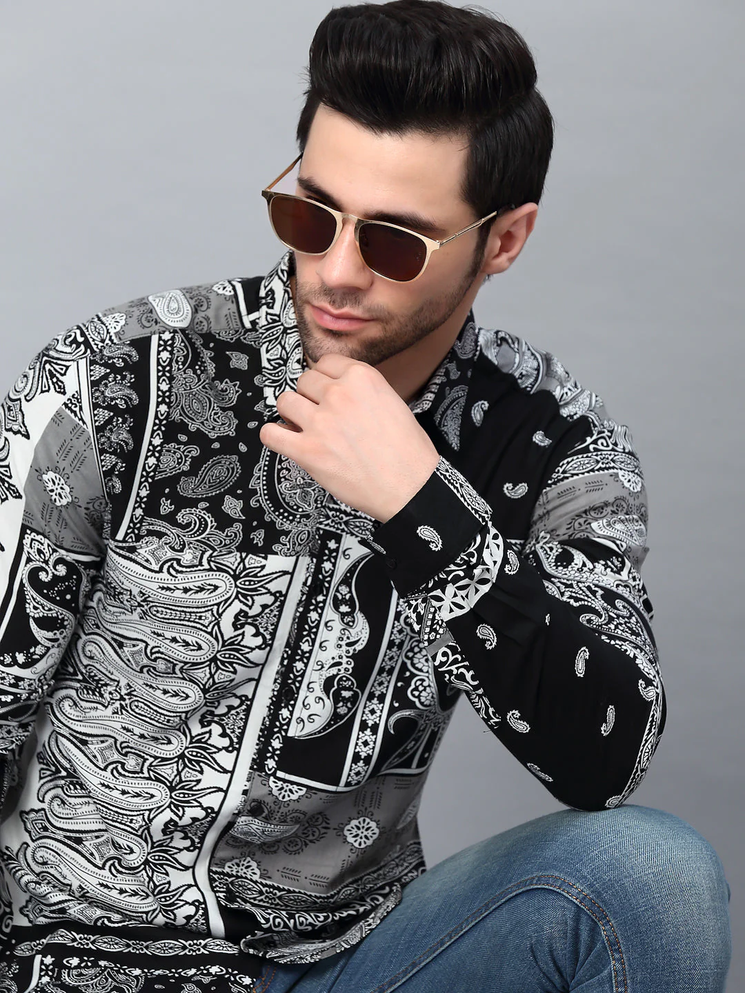Men Black Paisley Printed Cut Away Collar Full Sleeve Shirt - Image 6