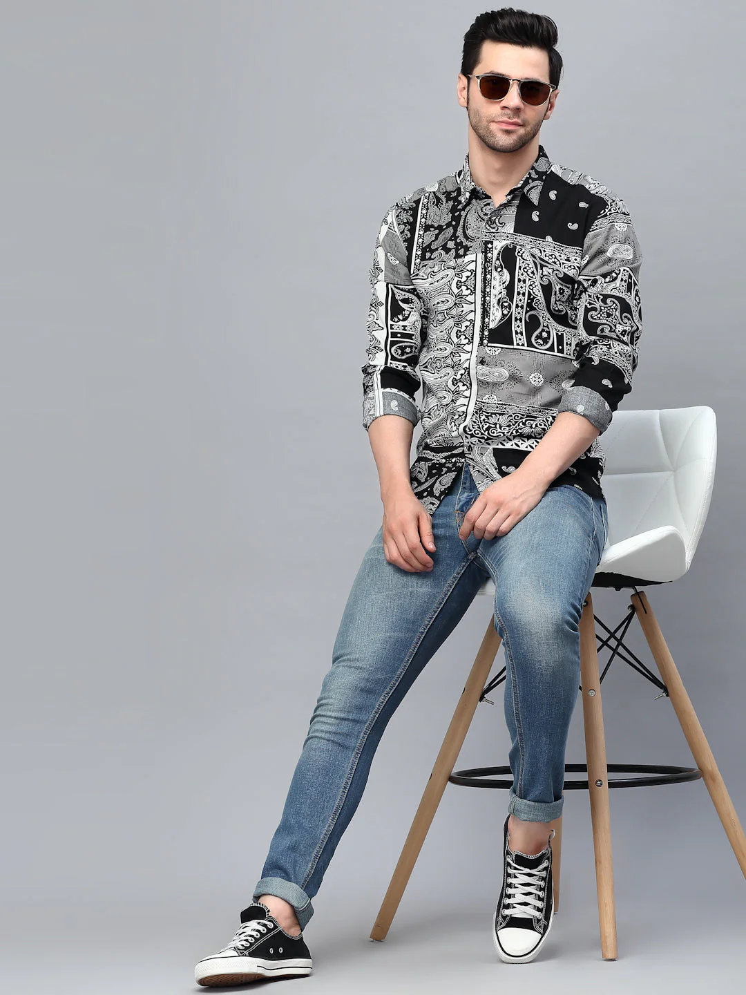 Men Black Paisley Printed Cut Away Collar Full Sleeve Shirt - Image 7