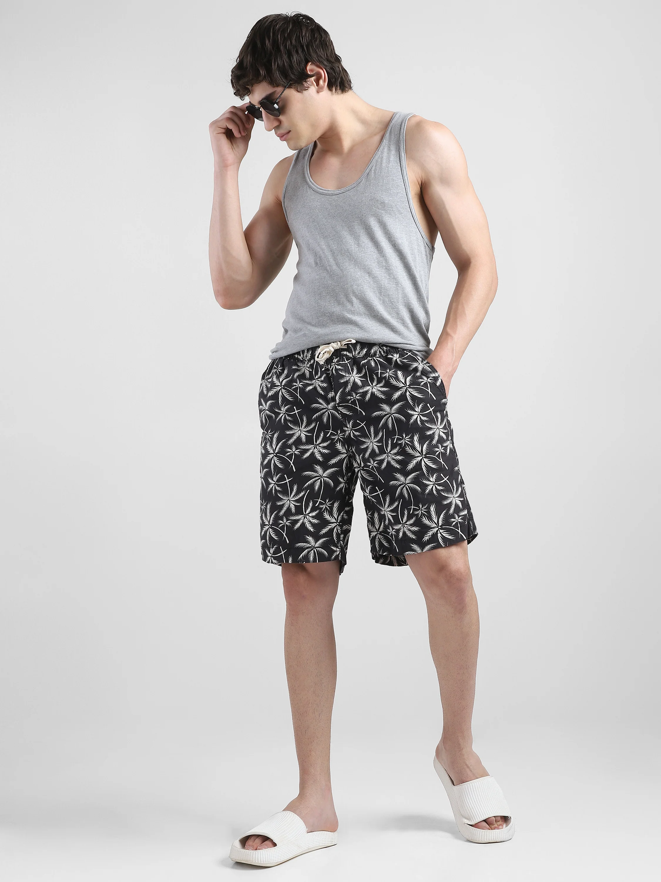 Men Black Palm Leaf Printed Shorts - Image 2