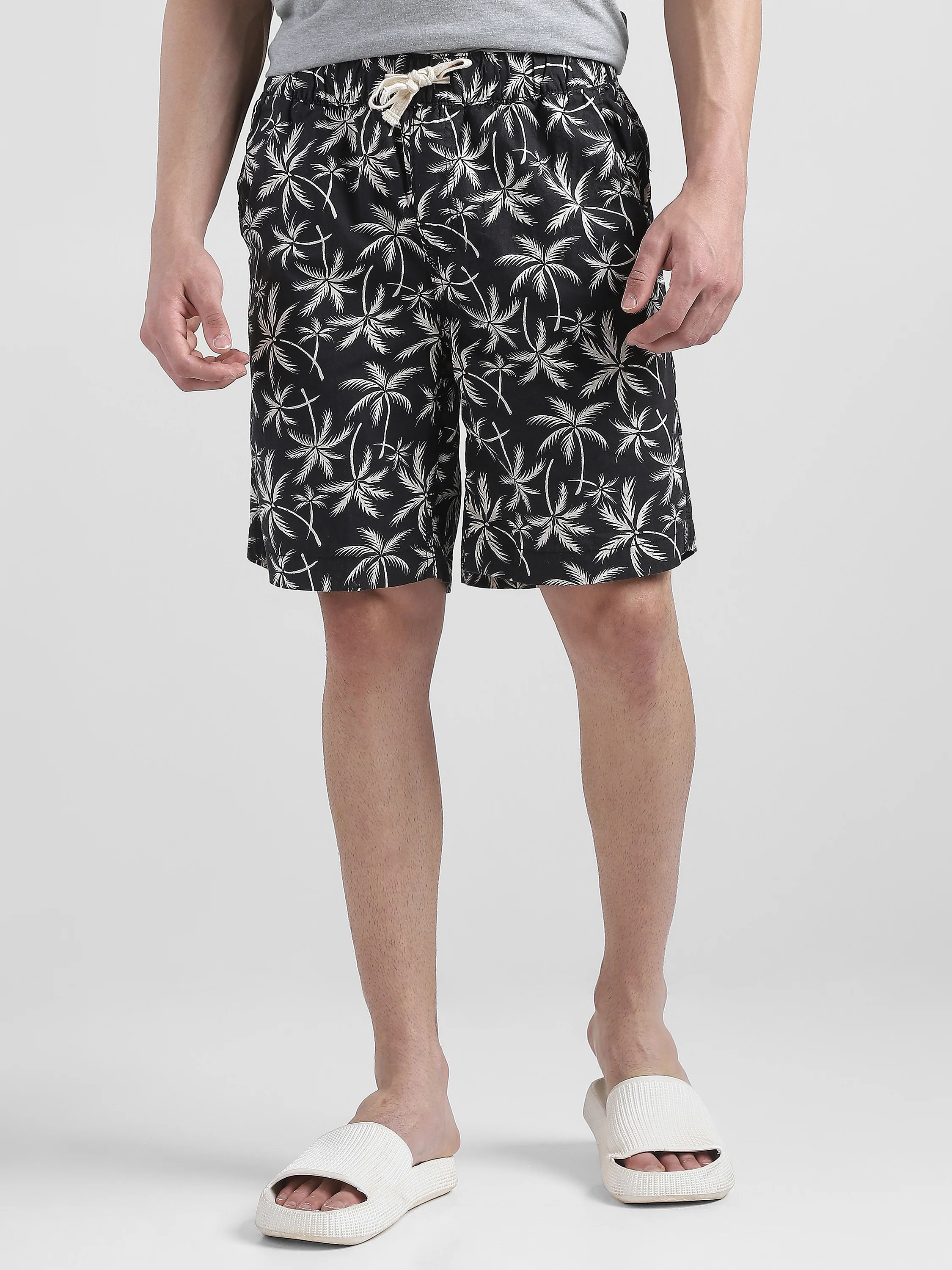 Men Black Palm Leaf Printed Shorts - Image 4