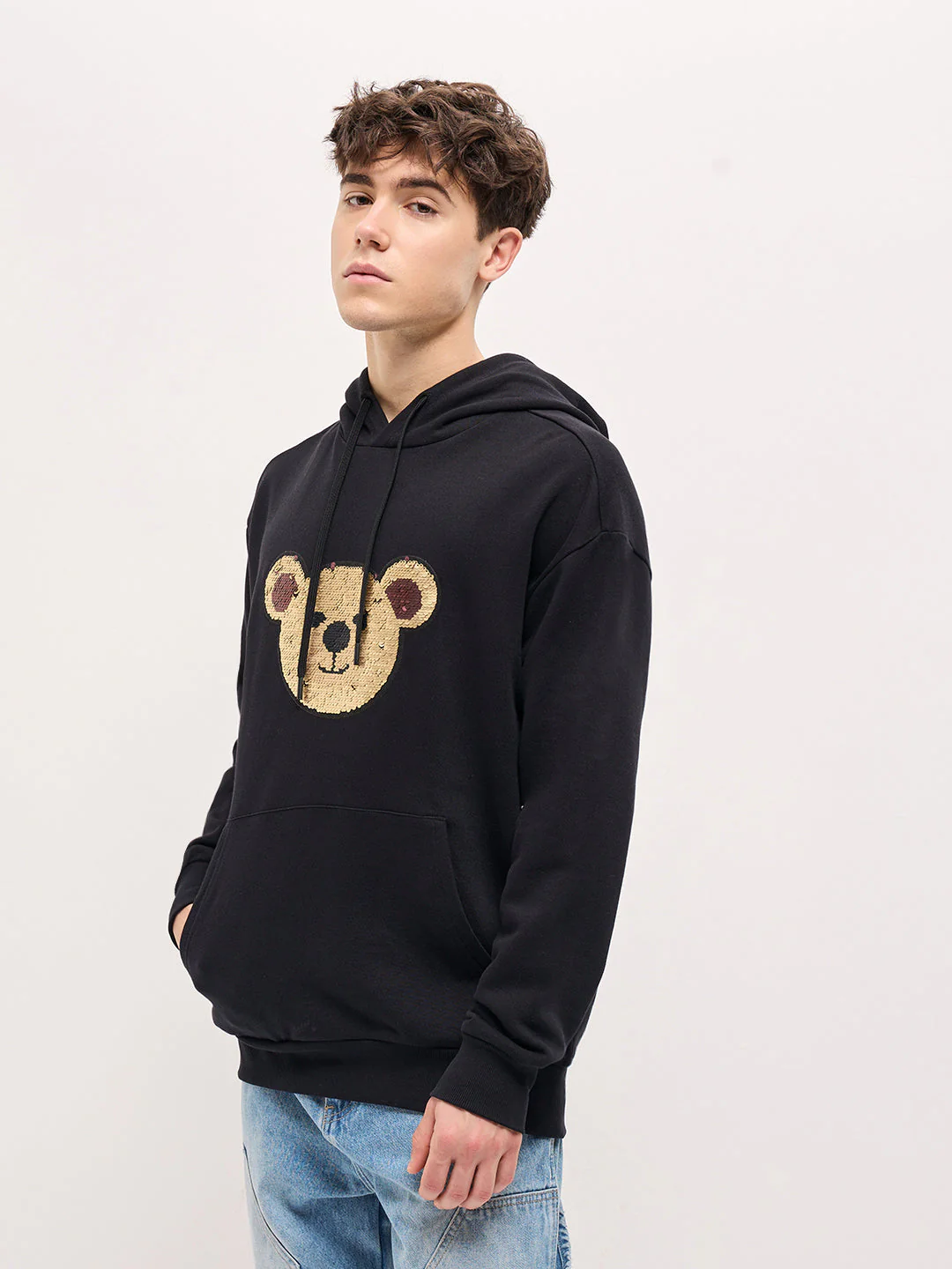 Men Black playful sequin bear face Relax Fit Hoodie - Image 3