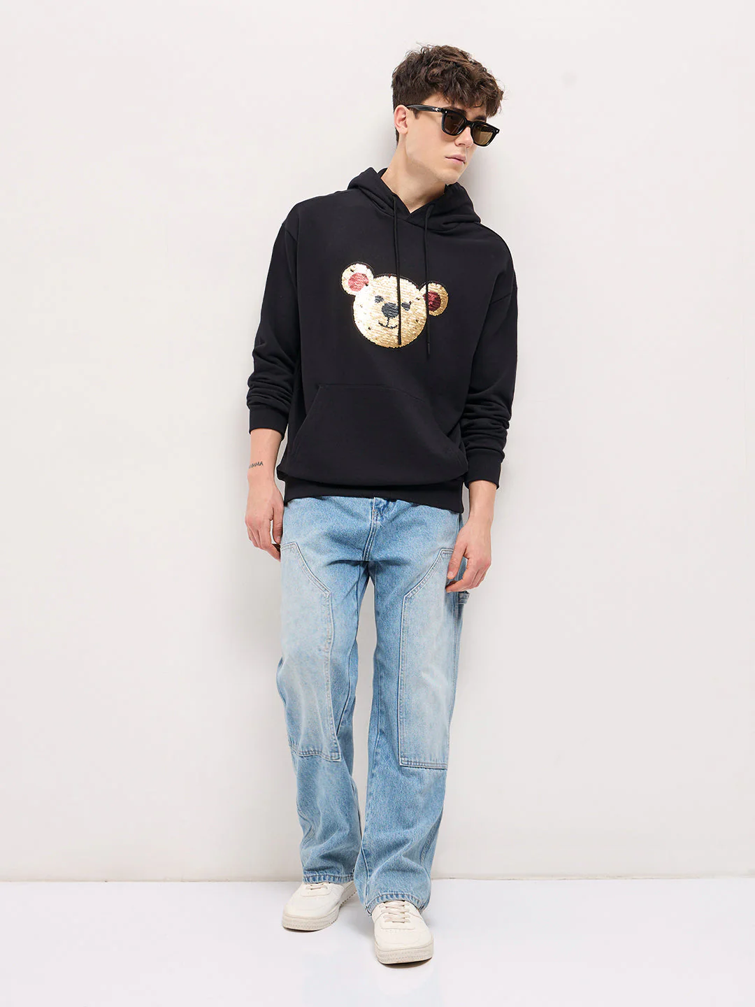Men Black playful sequin bear face Relax Fit Hoodie - Image 4