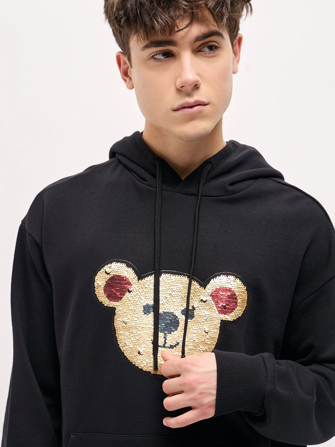 Men Black playful sequin bear face Relax Fit Hoodie - Image 5
