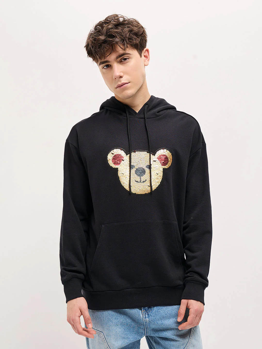 Men Black playful sequin bear face Relax Fit Hoodie - Image 6