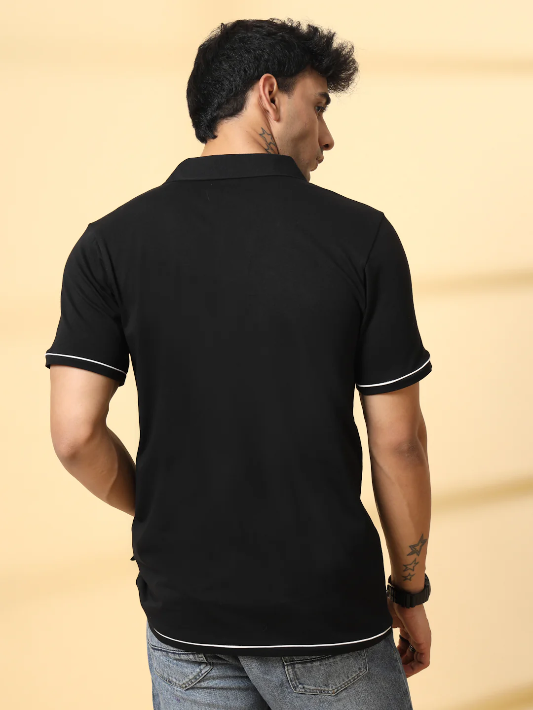 Men Black Polo T-Shirt With Contrast Piping - Image 2