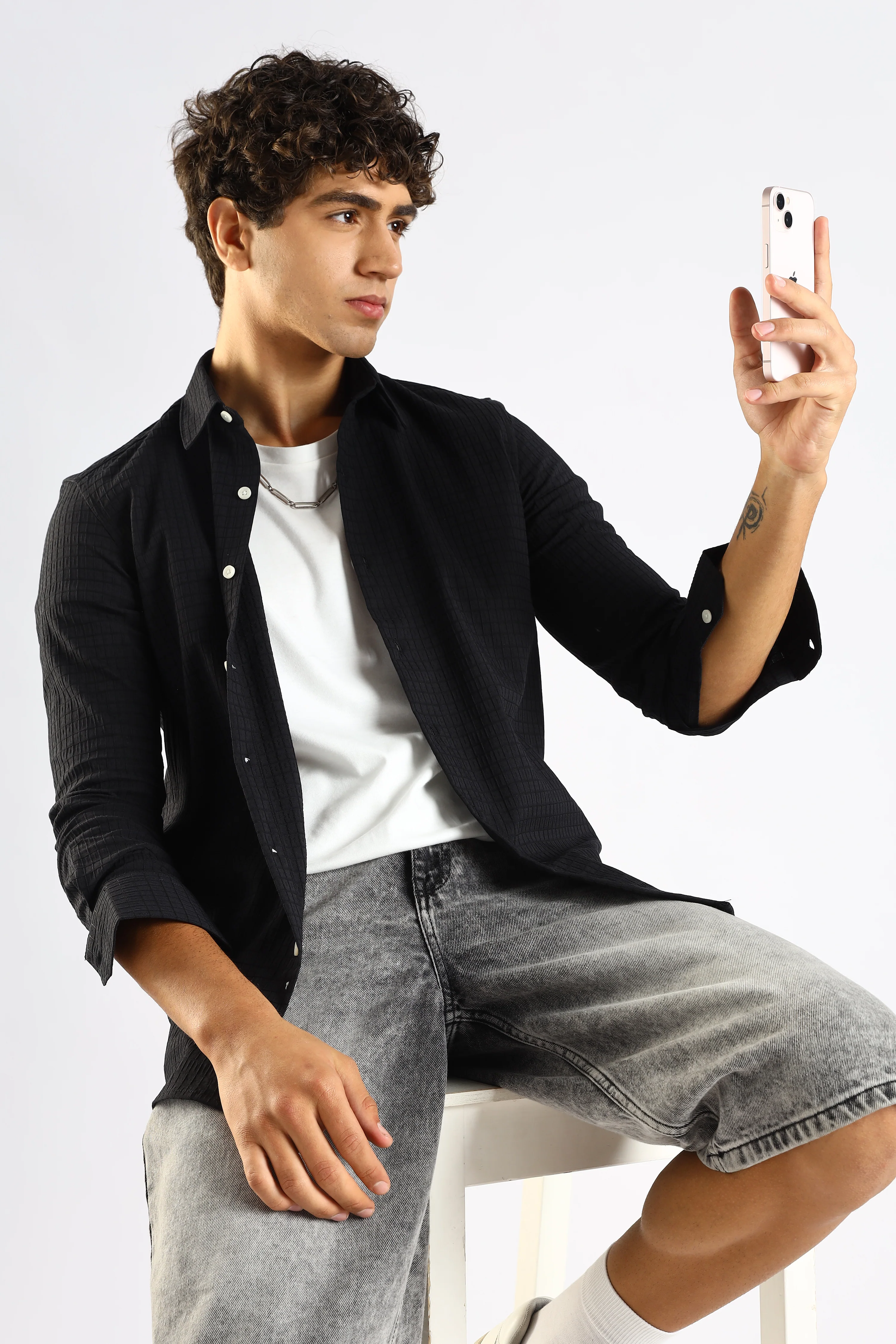 Men Black Poly Blend Slim Fit Shirt - Image 11
