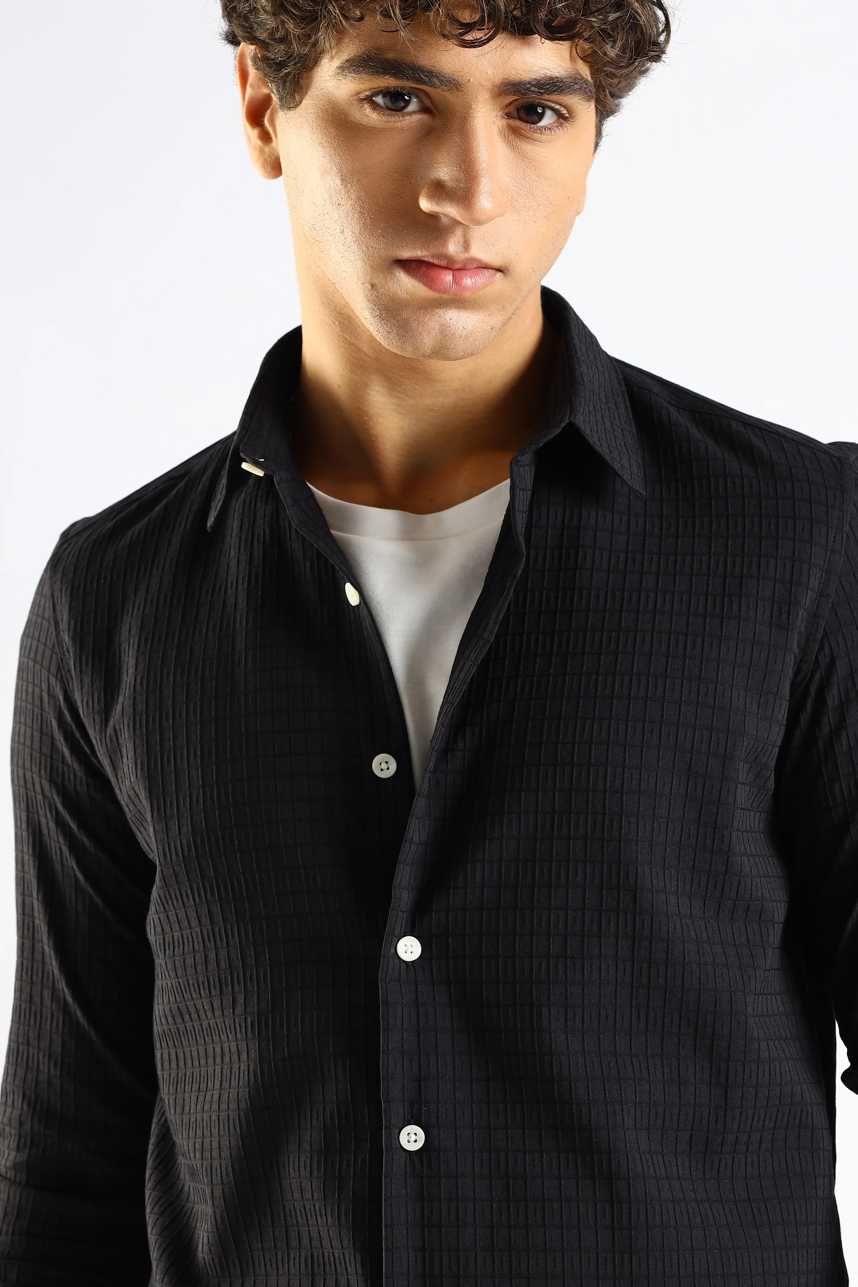 Men Black Poly Blend Slim Fit Shirt - Image 3