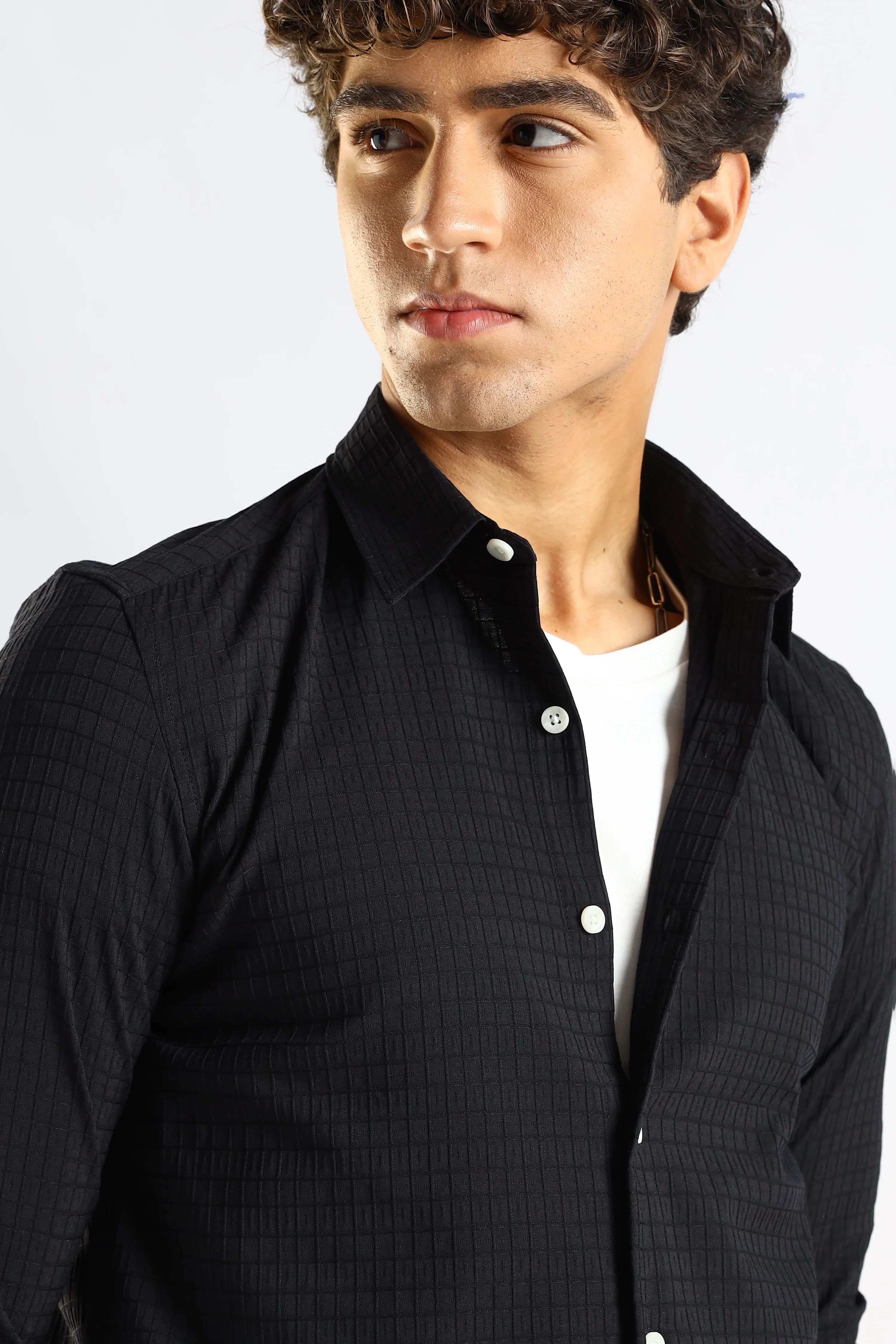 Men Black Poly Blend Slim Fit Shirt - Image 4