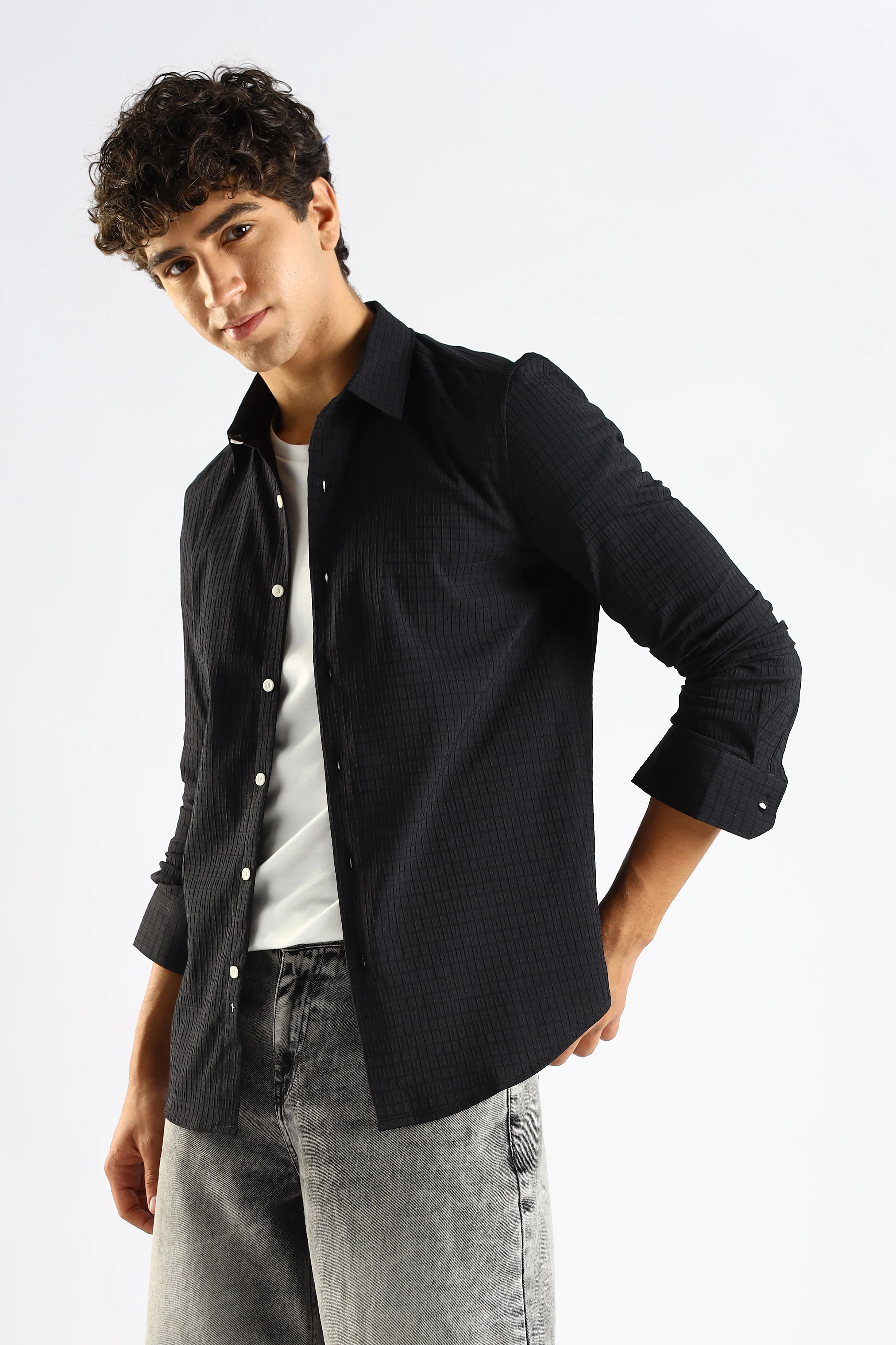 Men Black Poly Blend Slim Fit Shirt - Image 5