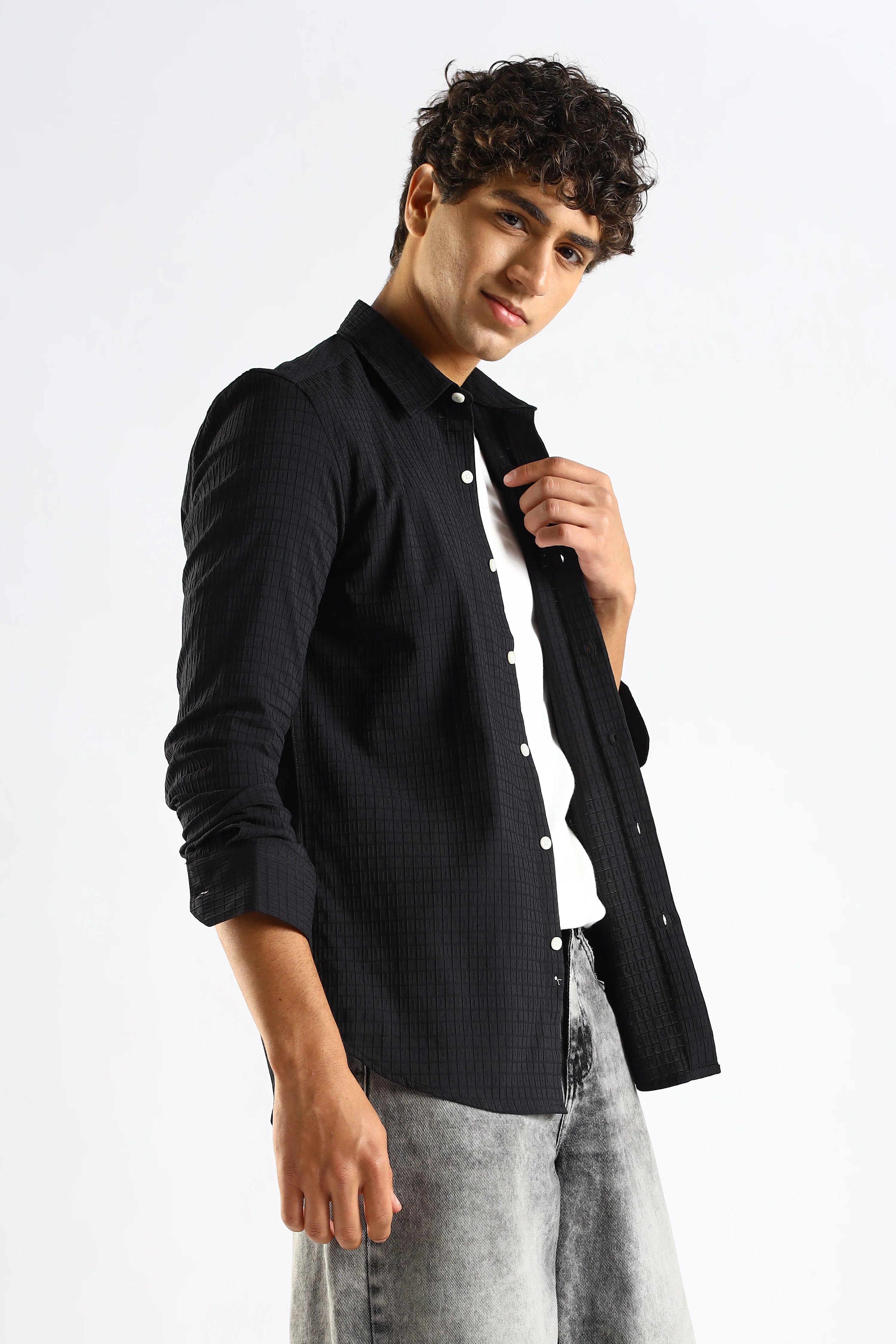 Men Black Poly Blend Slim Fit Shirt - Image 6