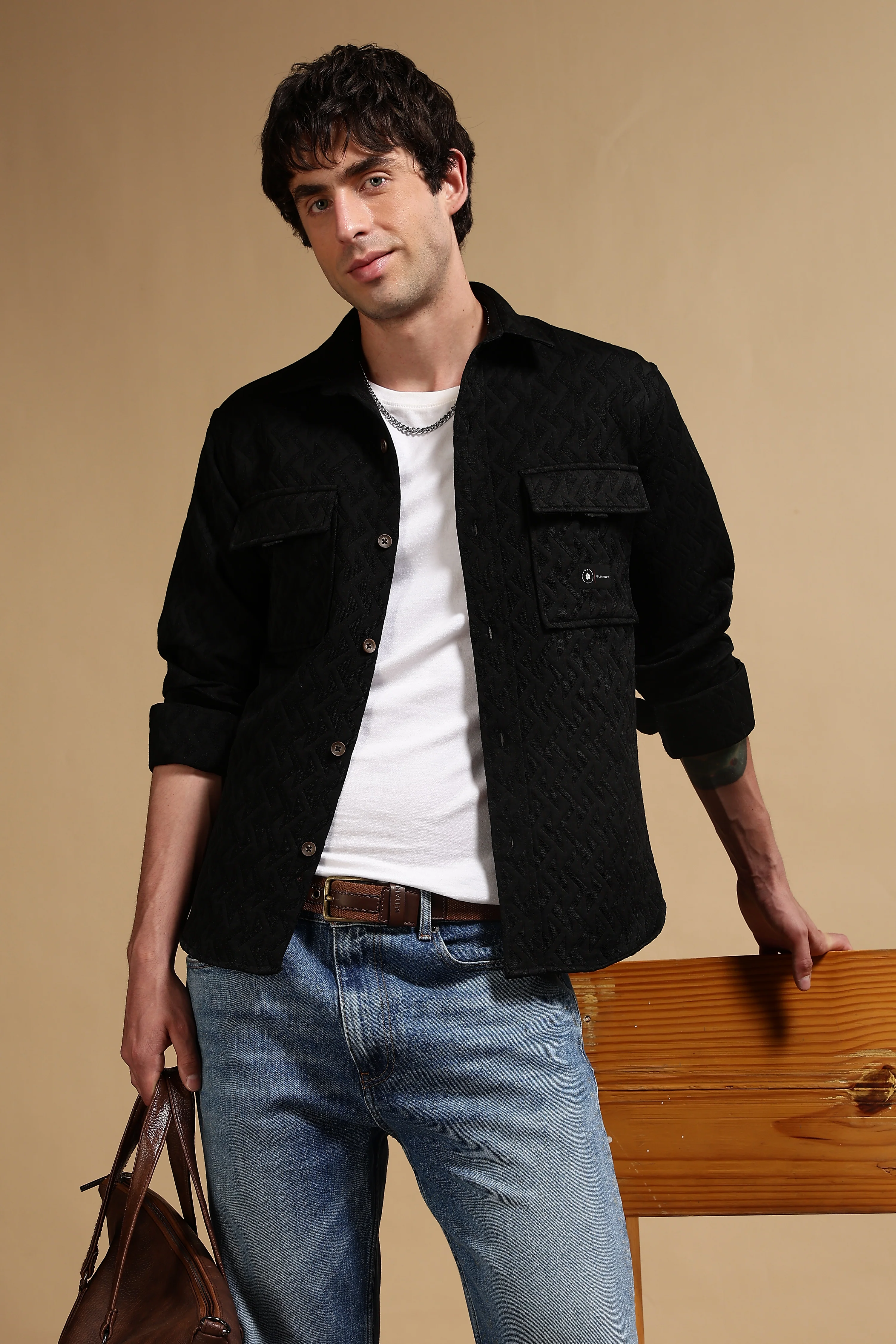 Men Black Poly Cotton Shacket - Image 2