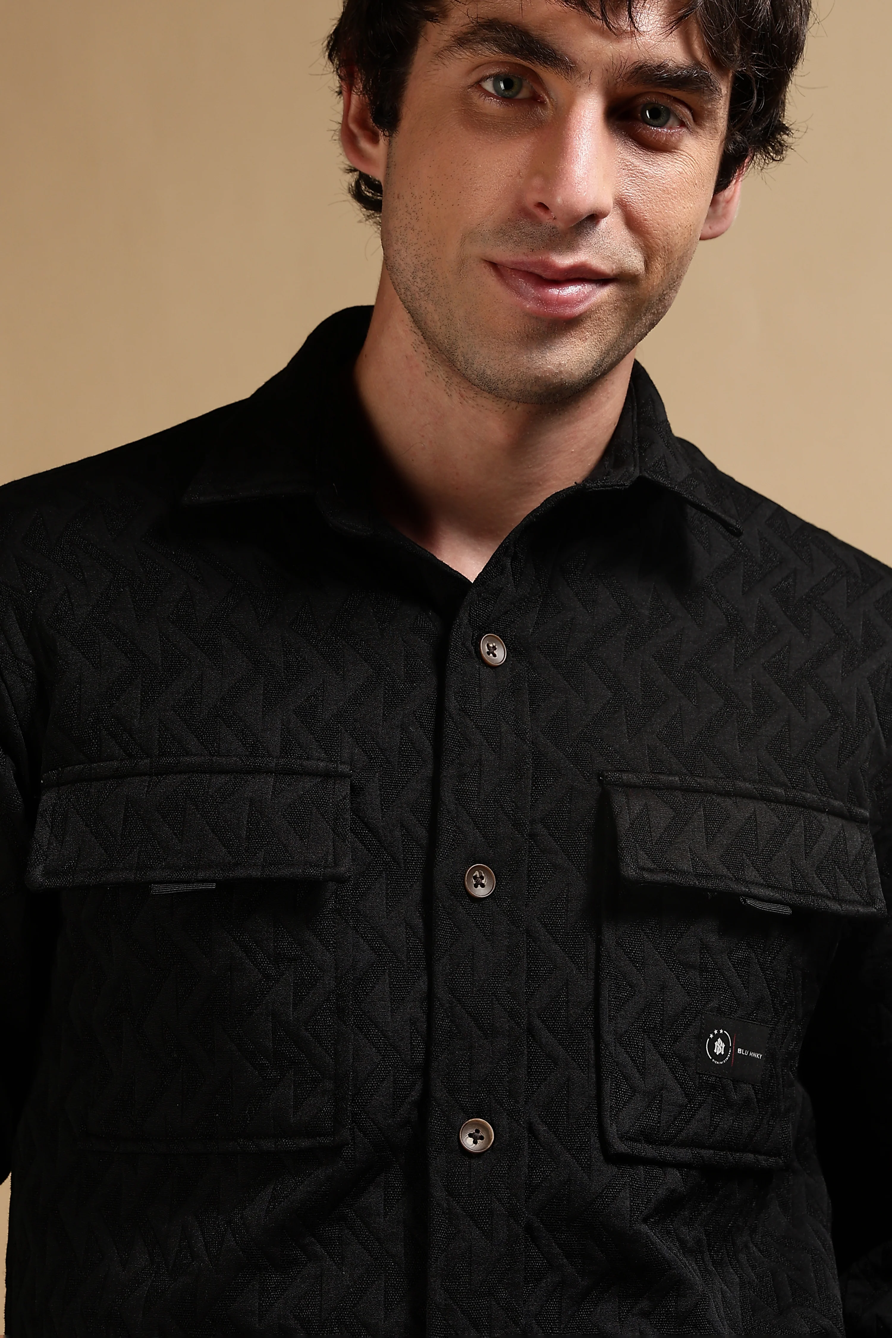 Men Black Poly Cotton Shacket - Image 3