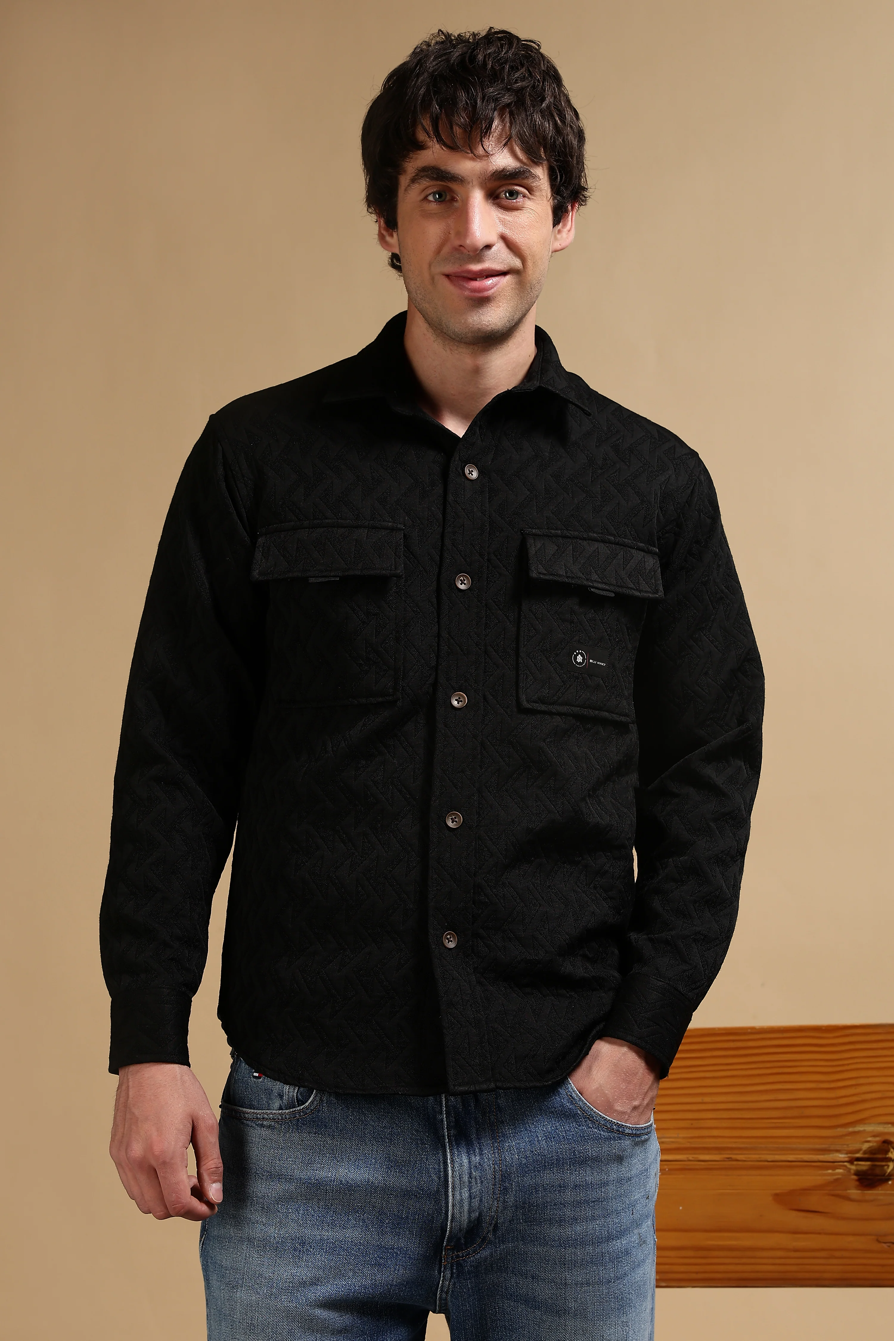 Men Black Poly Cotton Shacket - Image 6