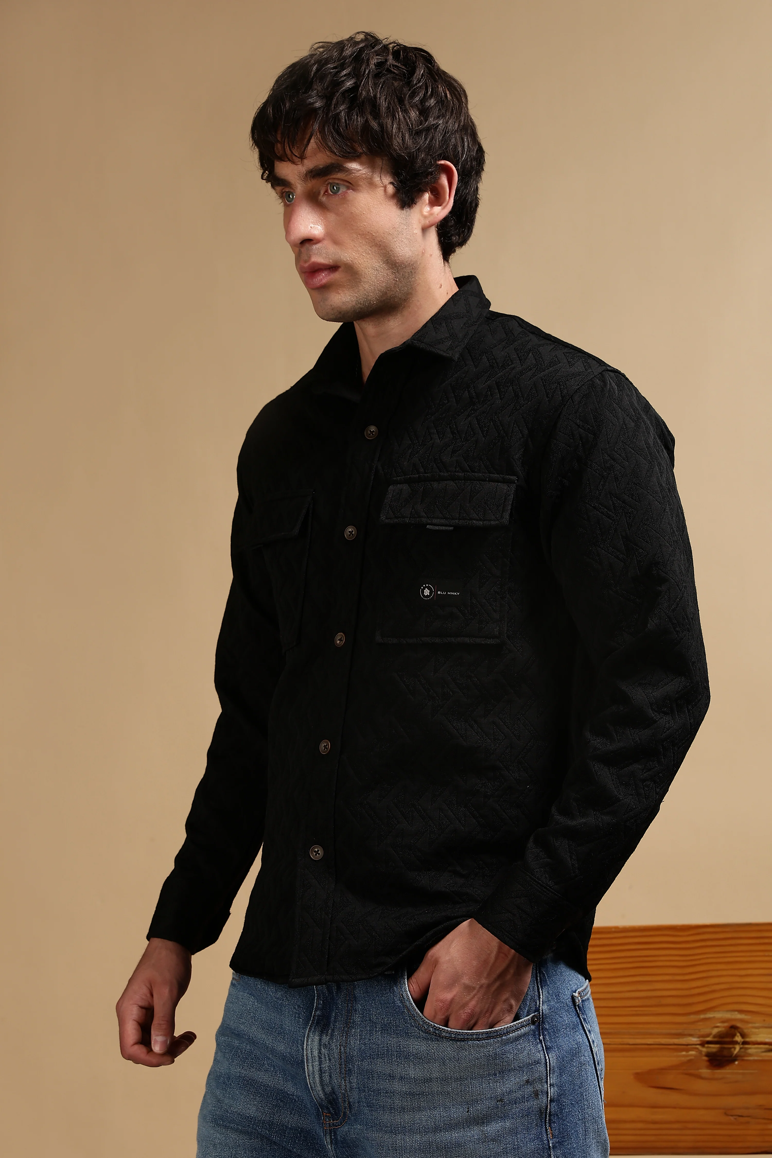 Men Black Poly Cotton Shacket - Image 7