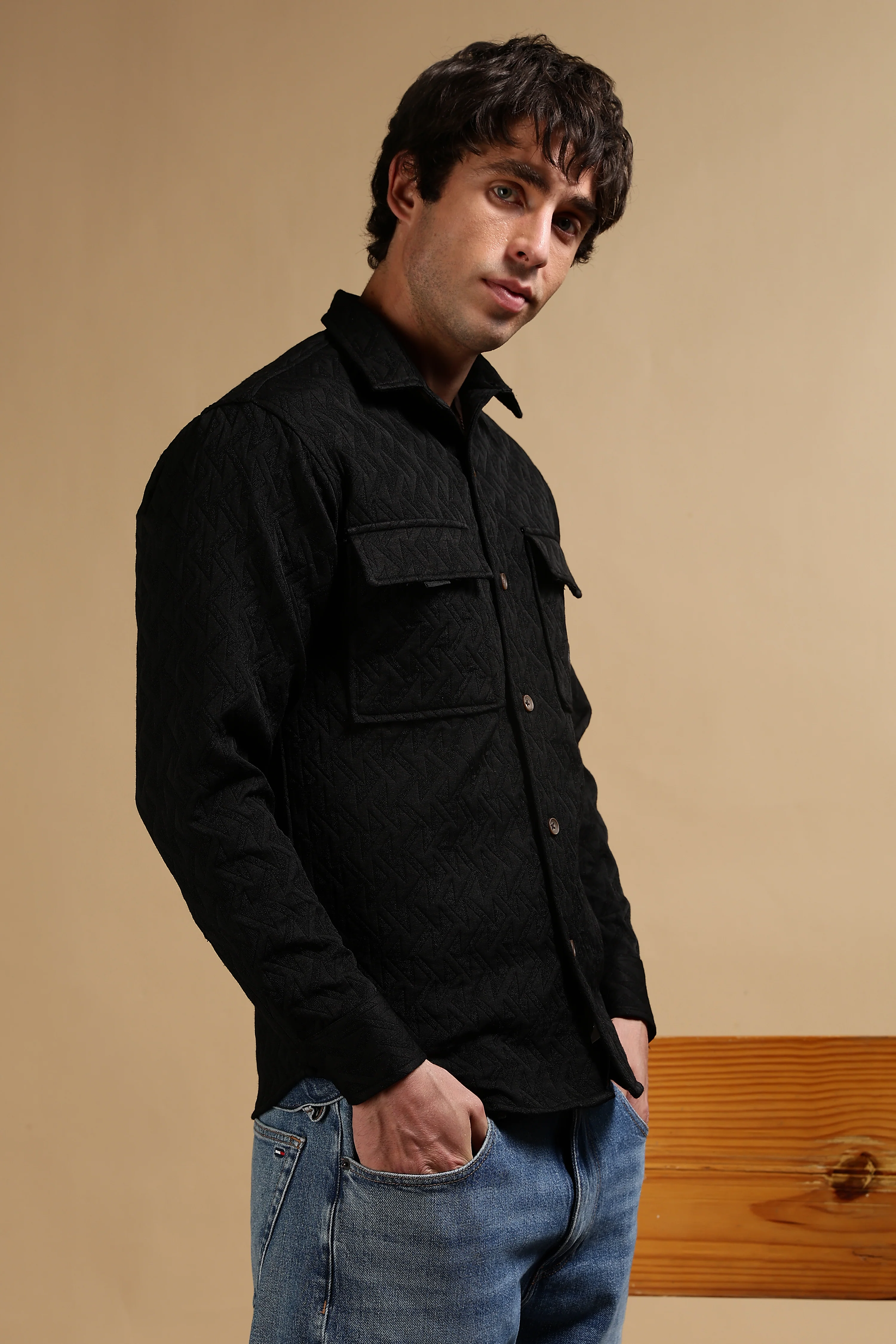 Men Black Poly Cotton Shacket - Image 8