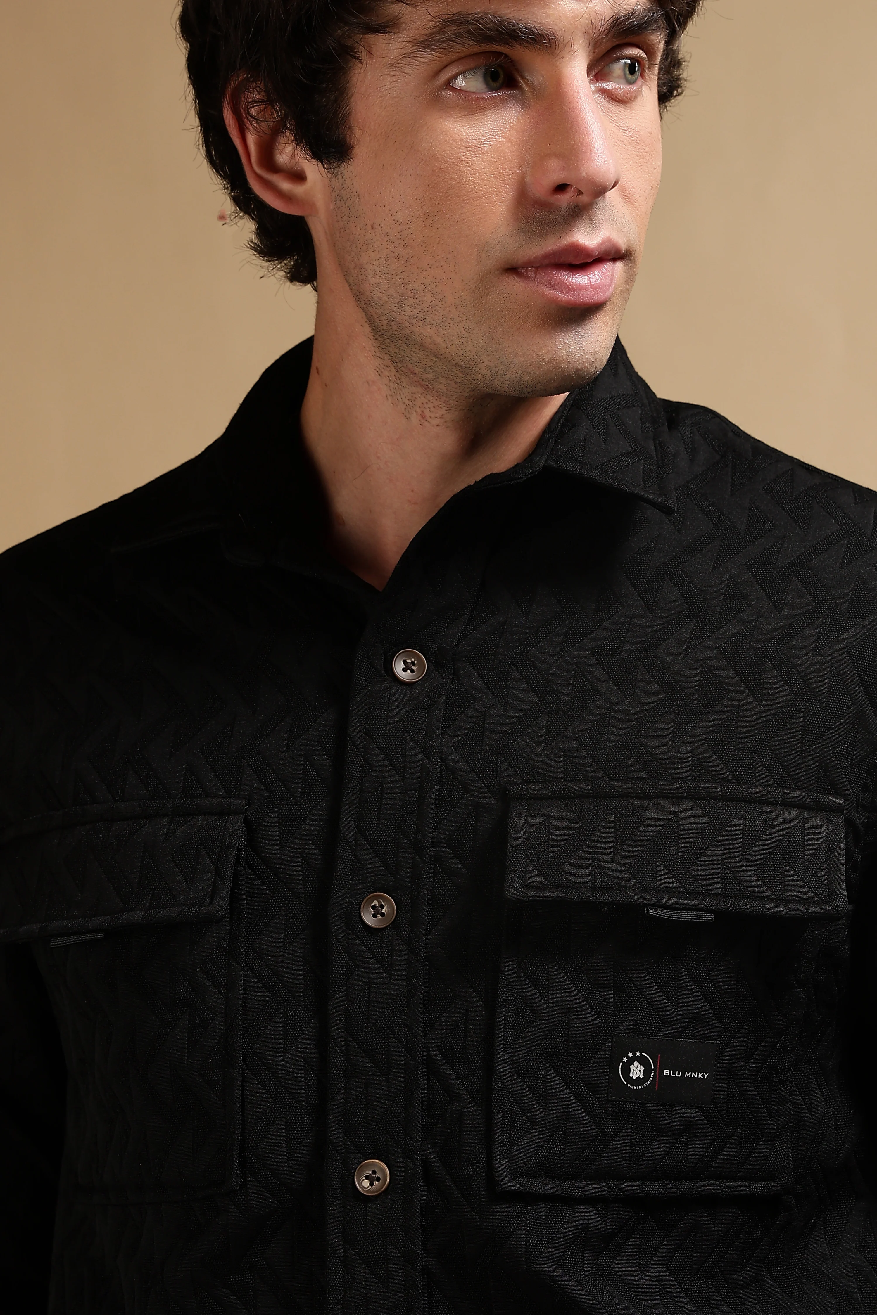 Men Black Poly Cotton Shacket - Image 9