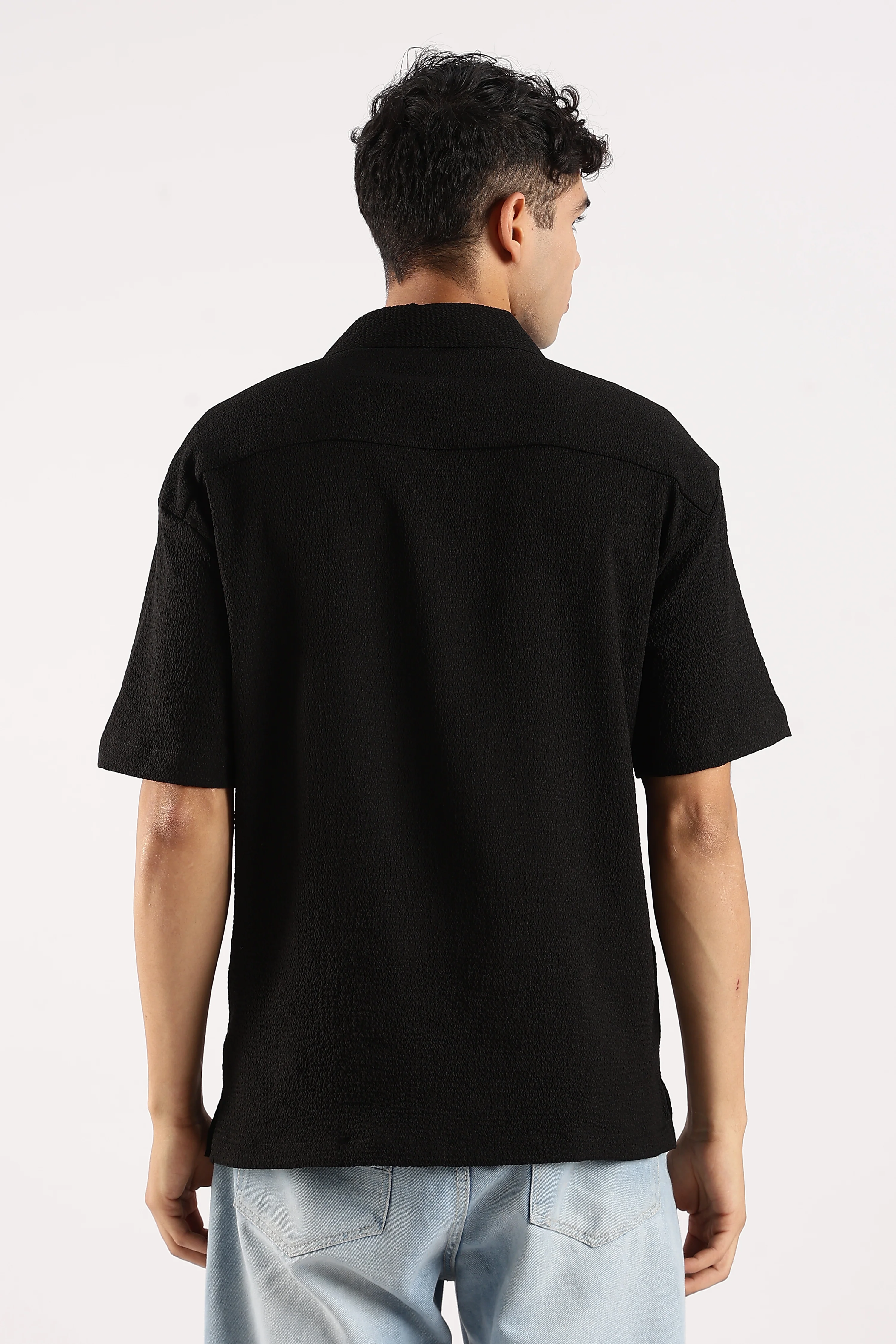 Men Black Poly Textured Shirt - Image 3