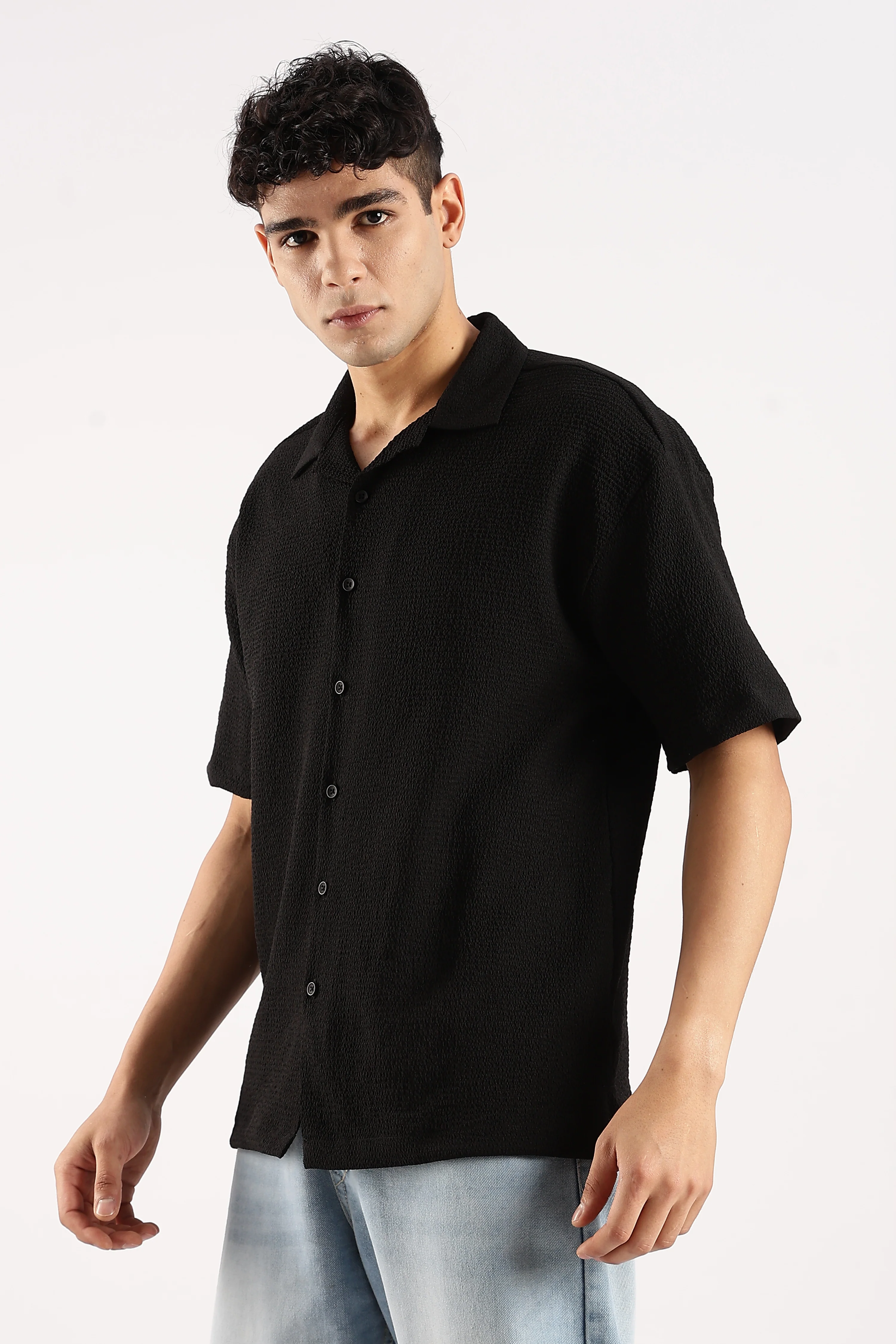 Men Black Poly Textured Shirt - Image 4