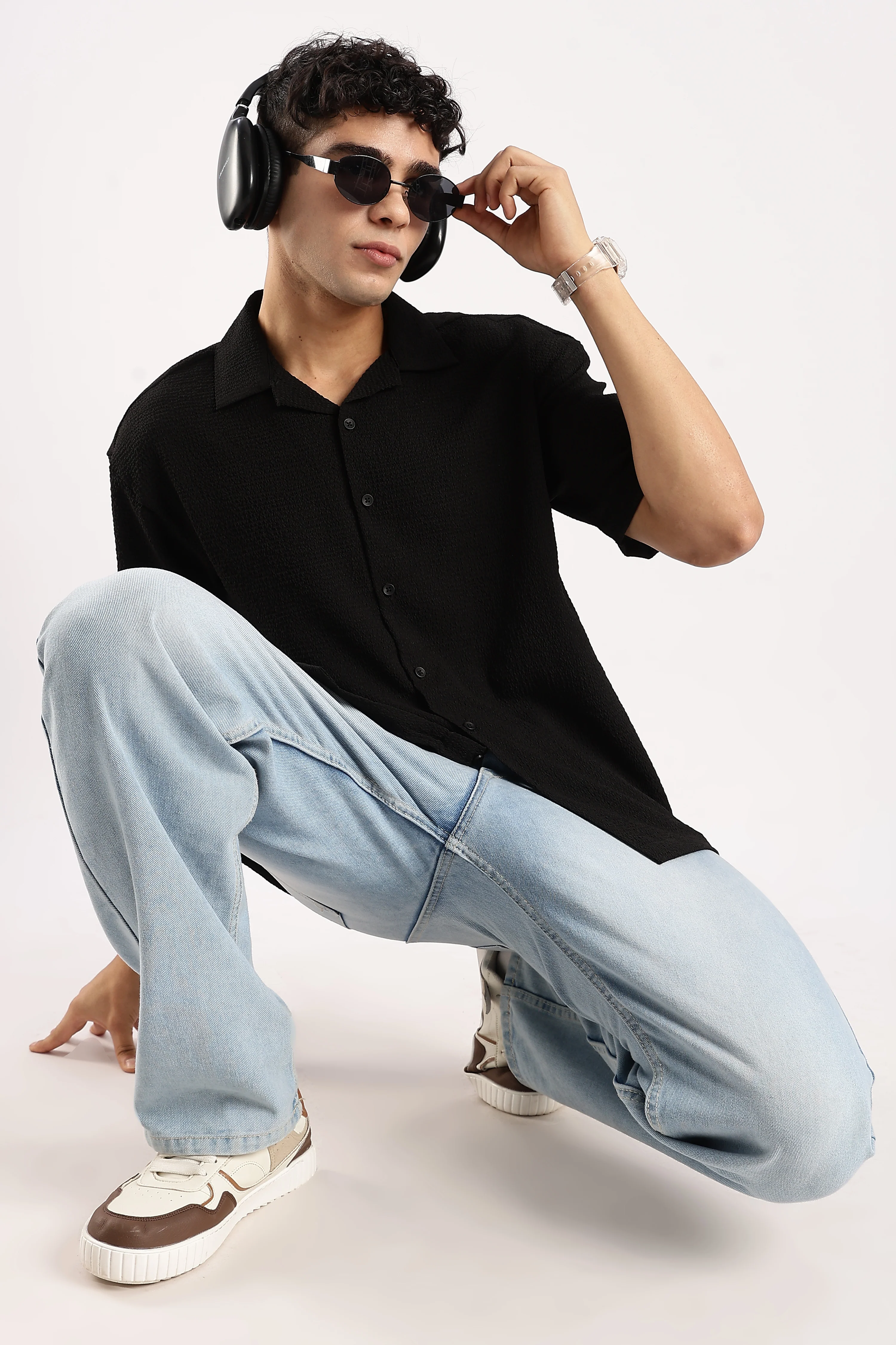 Men Black Poly Textured Shirt - Image 9