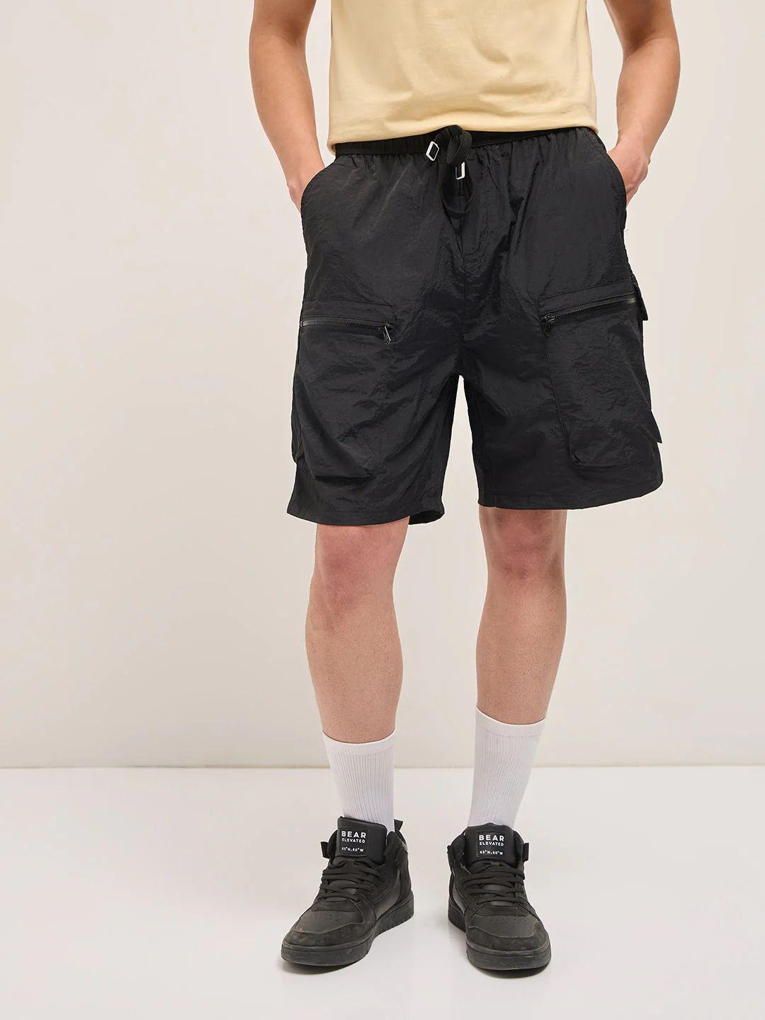 Men Black Polyester Regular Fit Knee-Length Cargo Shorts - Image 6