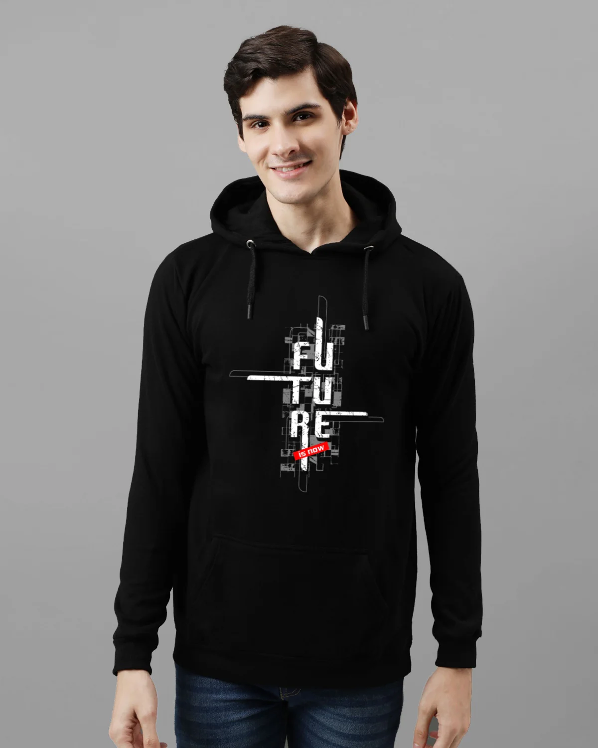 Men Black Printed Cotton Hoodie