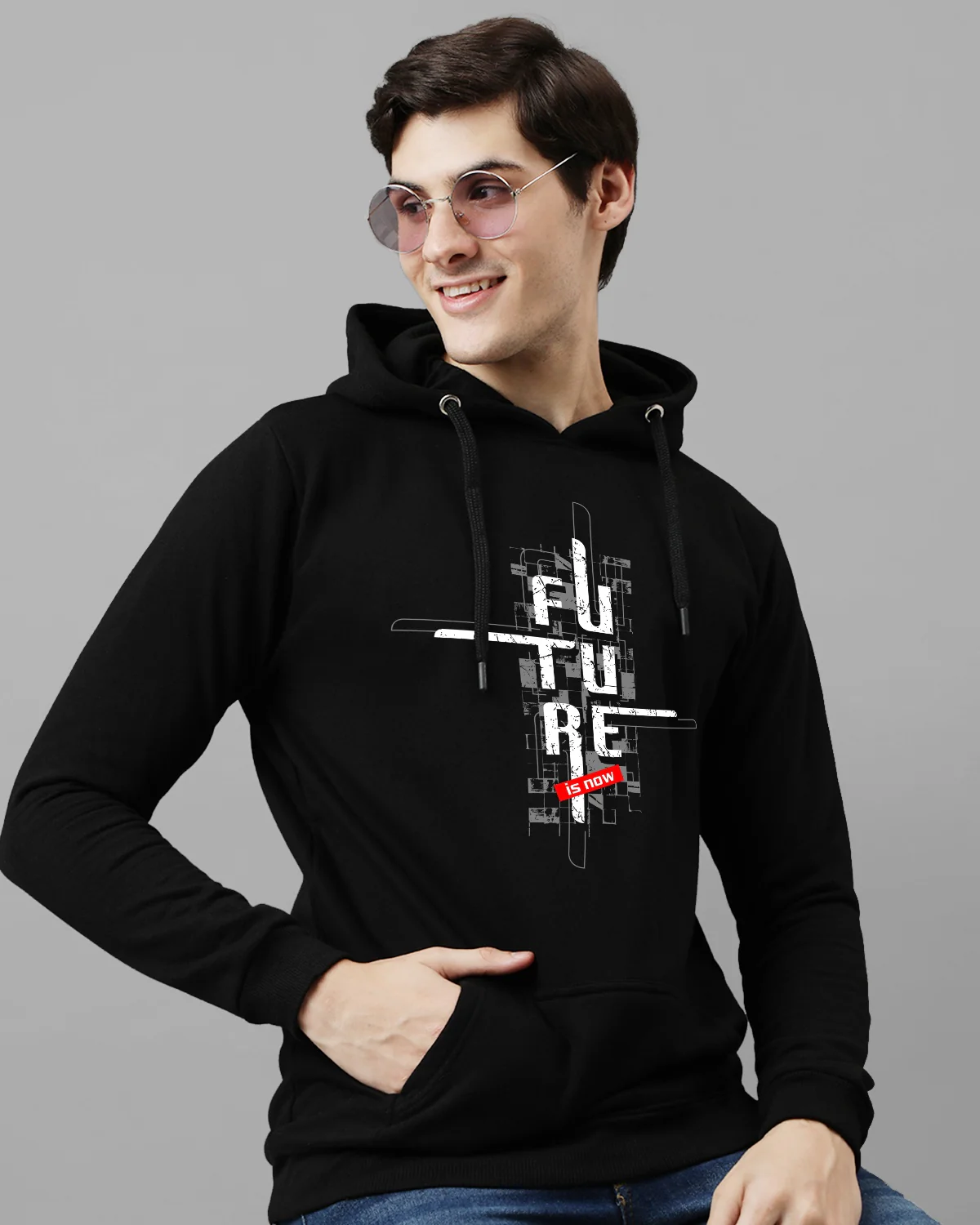 Men Black Printed Cotton Hoodie - Image 3